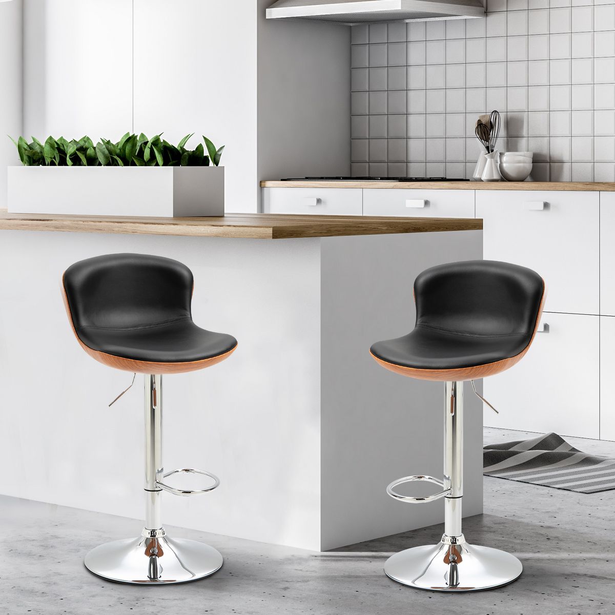 HOMCOM Lot de 2 tabourets de bar design contemporain hauteur d'assise réglable 64-85 cm pivotant 360° revêtement synthétique noir imitation bois