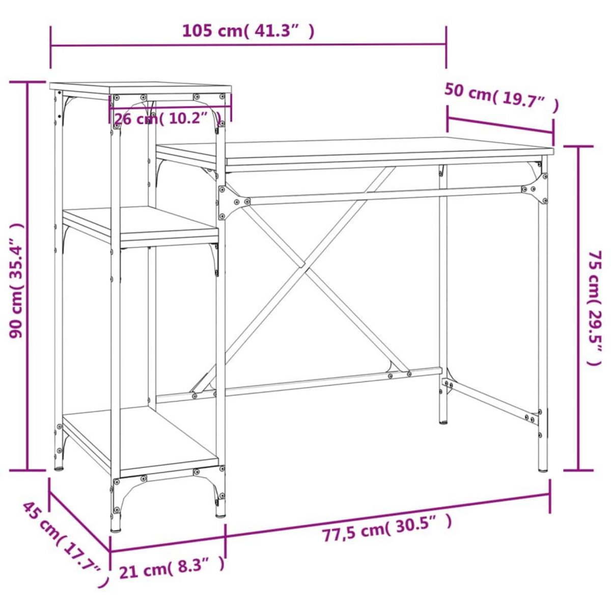 VIDAXL Bureau avec etageres chene 105x50x90cm bois d'ingenierie et fer