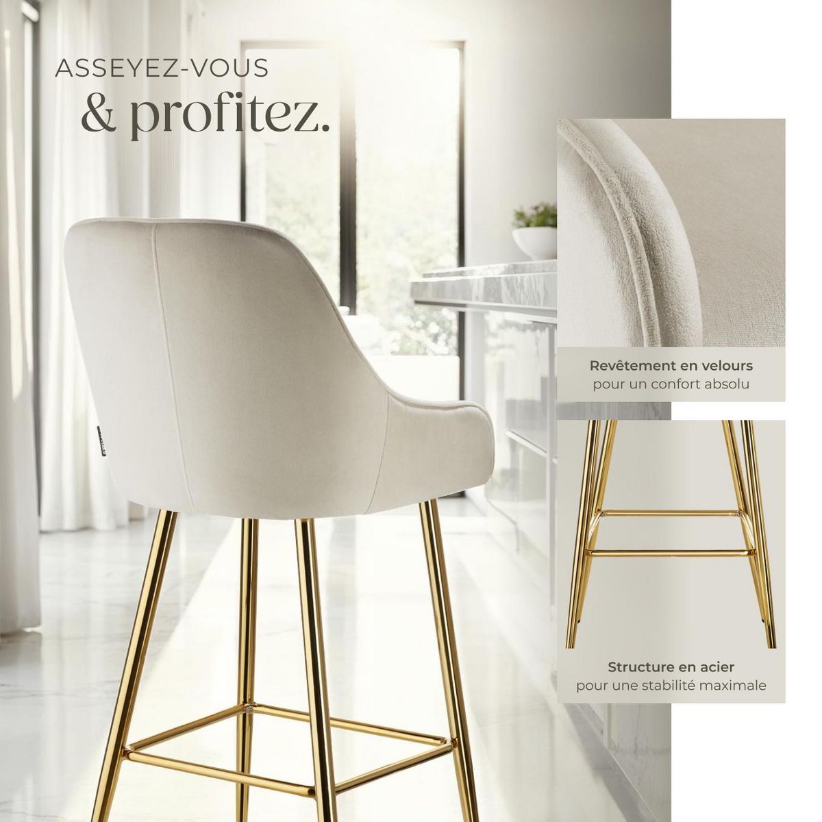 tectake Tabouret de bar en aspect velours rembourré crème/or Ensemble de 6