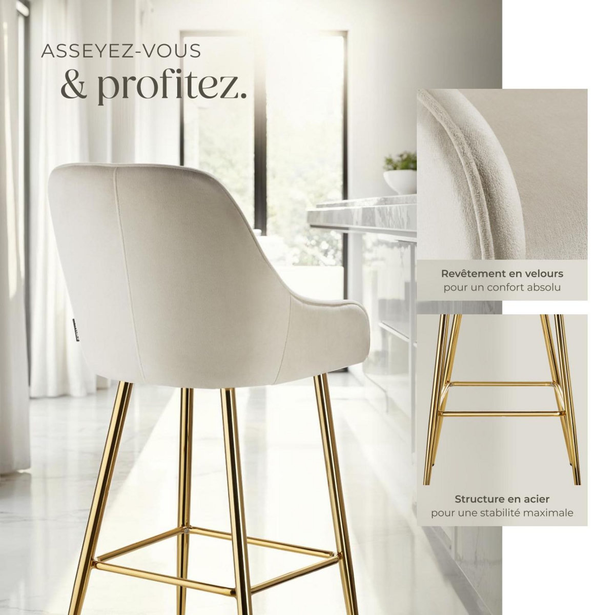 tectake Tabouret de bar en aspect velours rembourré crème/or Ensemble de 6