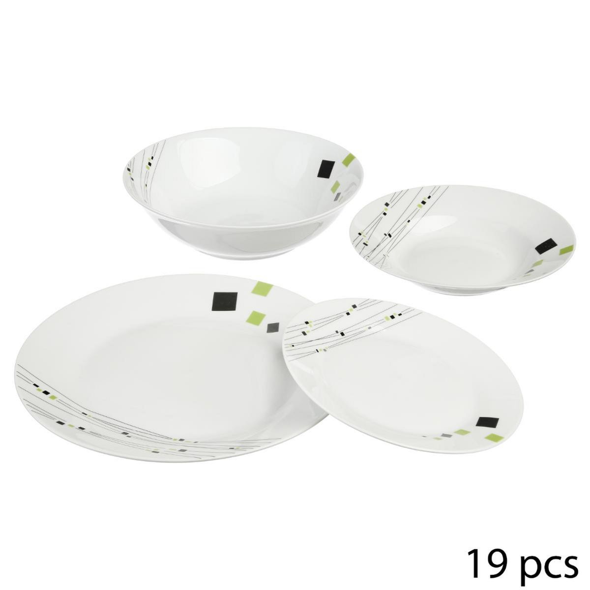 SECRET DE GOURMET Service d'assiettes 19 pièces en porcelaine CARRES VERT