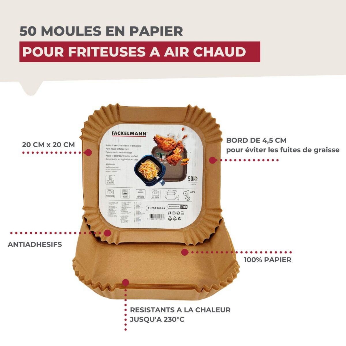 Fackelmann 50 Moules en papier antiadhésif pour friteuse air fryer sans huile carrés 20 cm Fackelmann