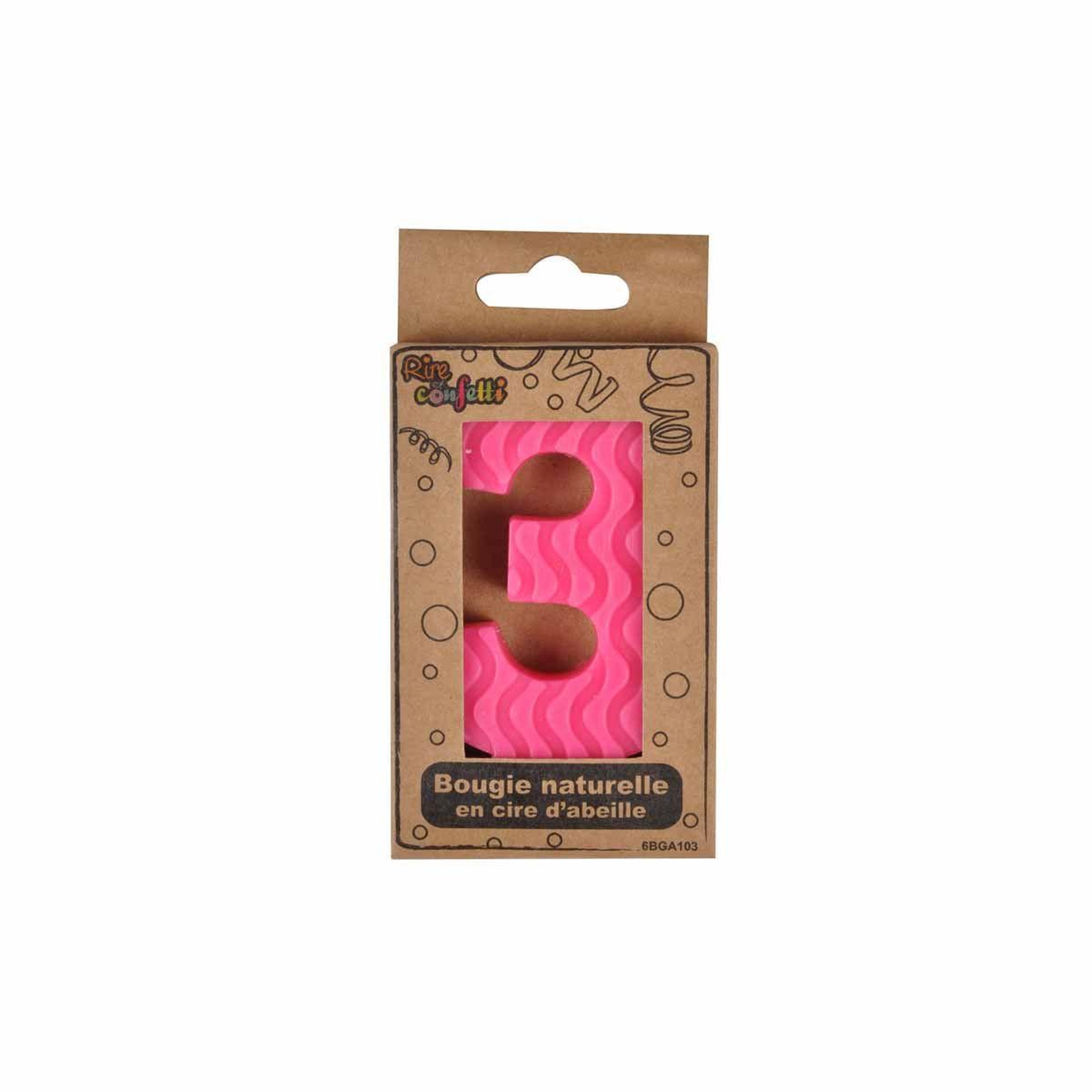 Voir la diapositive 2 : HOMEA Bougie d'Anniversaire en Cire d'Abeille  Chiffre 3  8cm Rose