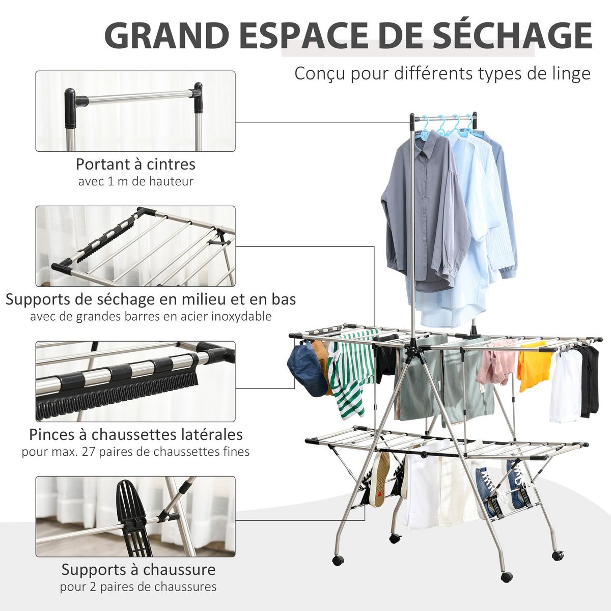 HOMCOM HOMCOM Séchoir à linge étendoir à vêtements pliable réglable avec barre de penderie et roulettes acier inox. PP noir