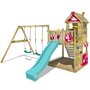WICKEY Aire de jeux Portique bois Smart Sparkle avec balançoire et toboggan turquois Cabane enfant extérieure avec bac à sable, échelle d'escalade & accessoires de jeux