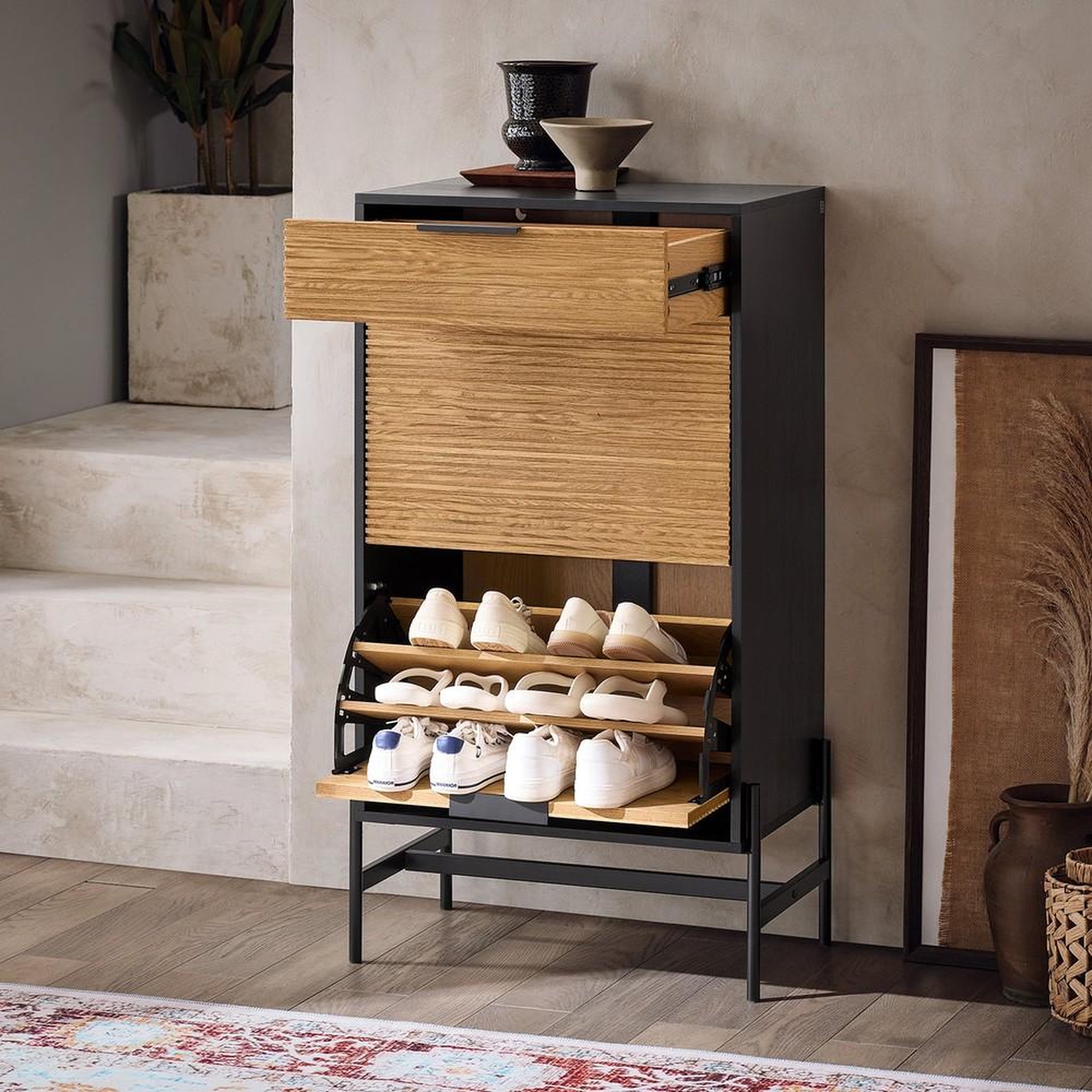 Voir la diapositive 2 : SOBUY SoBuy - Banc de rangement à chaussures avec 2 tiroirs - Chêne Clair - 64x40x115cm - HFSR03-SCH