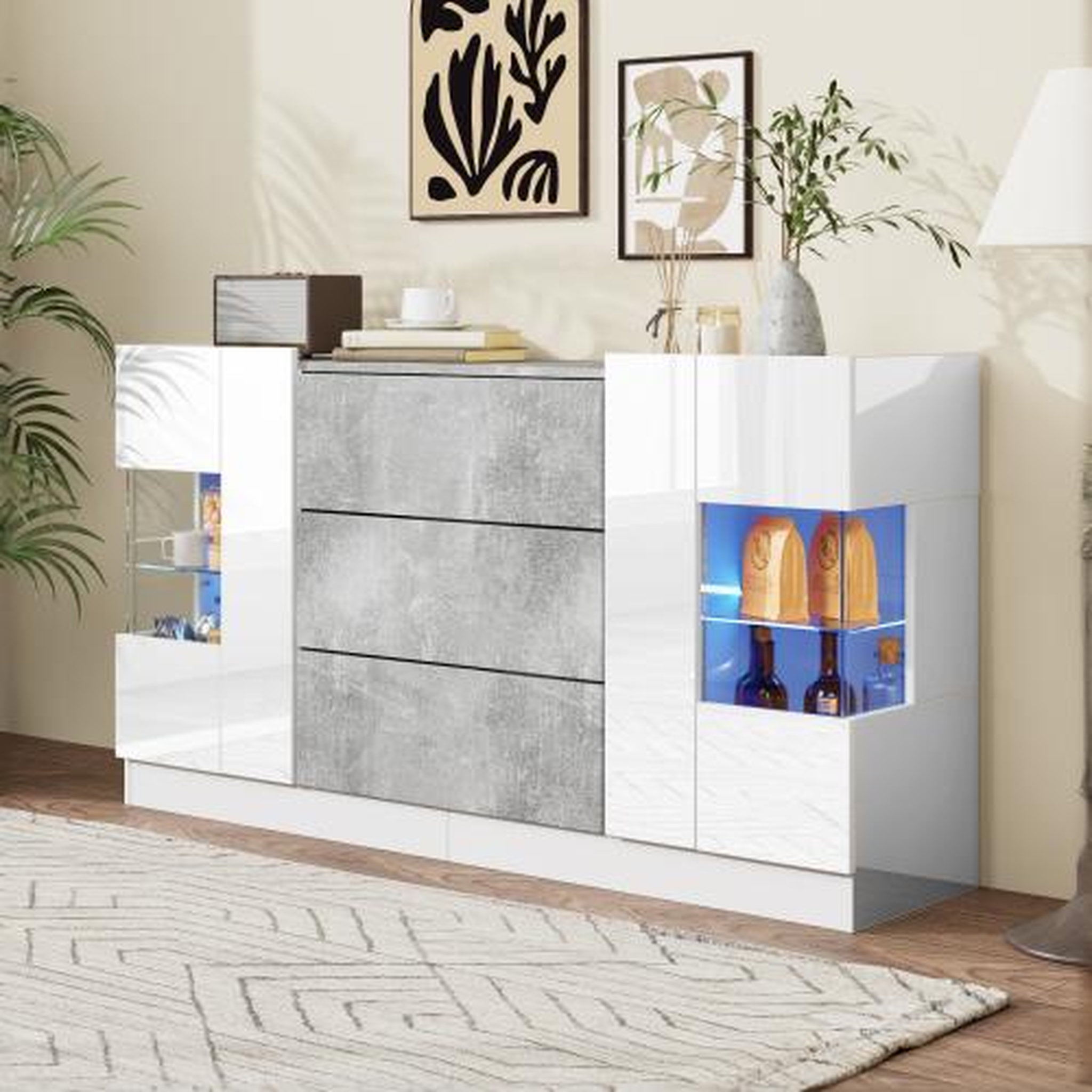 Voir la diapositive 5 : MERAX Buffet 2 porte(s) 3 tiroir(s) - 140 cm blanc+gris led mdf