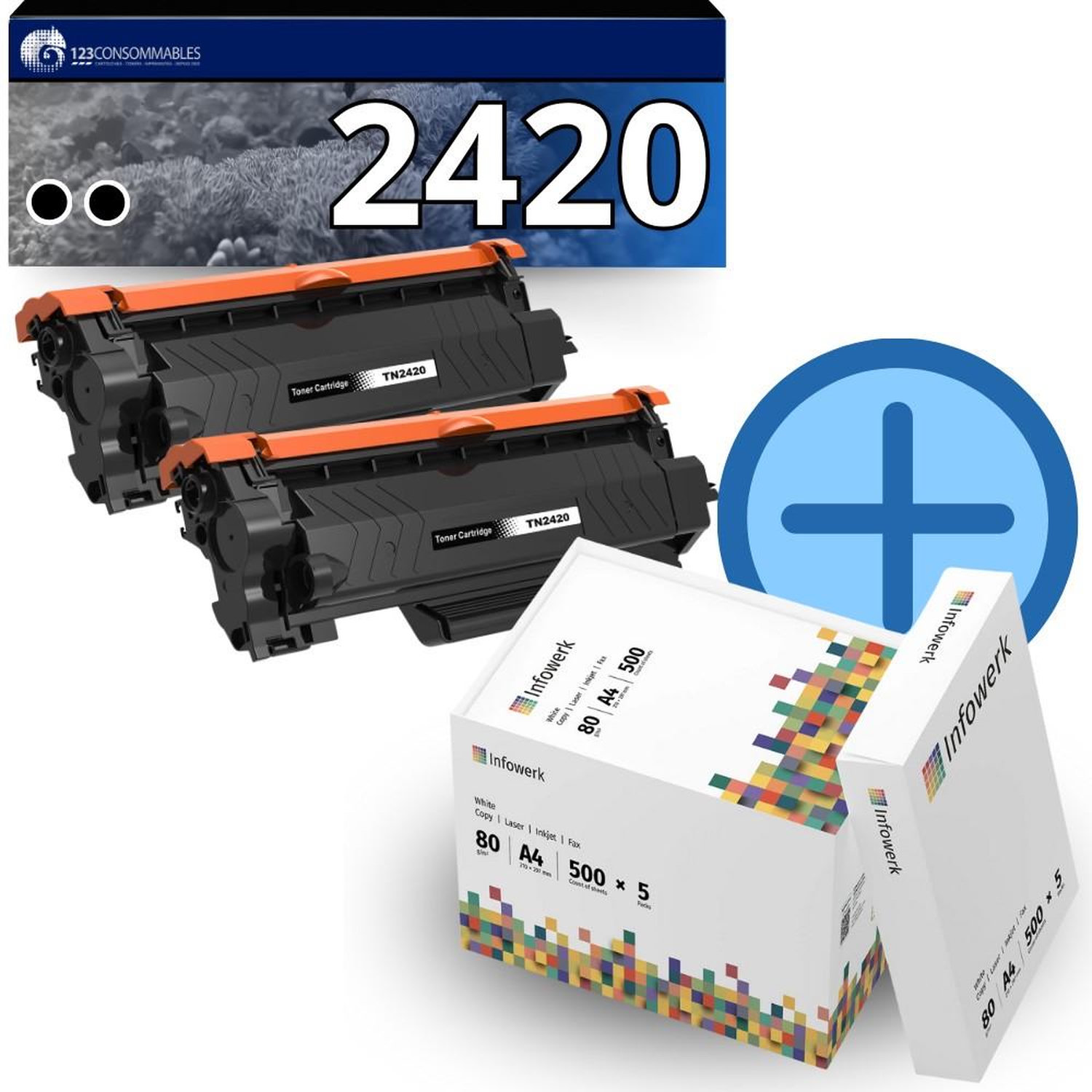 Pack 2 toners compatibles BROTHER TN 2420 + 5 ramettes de papier A4 Neuf - vue 2