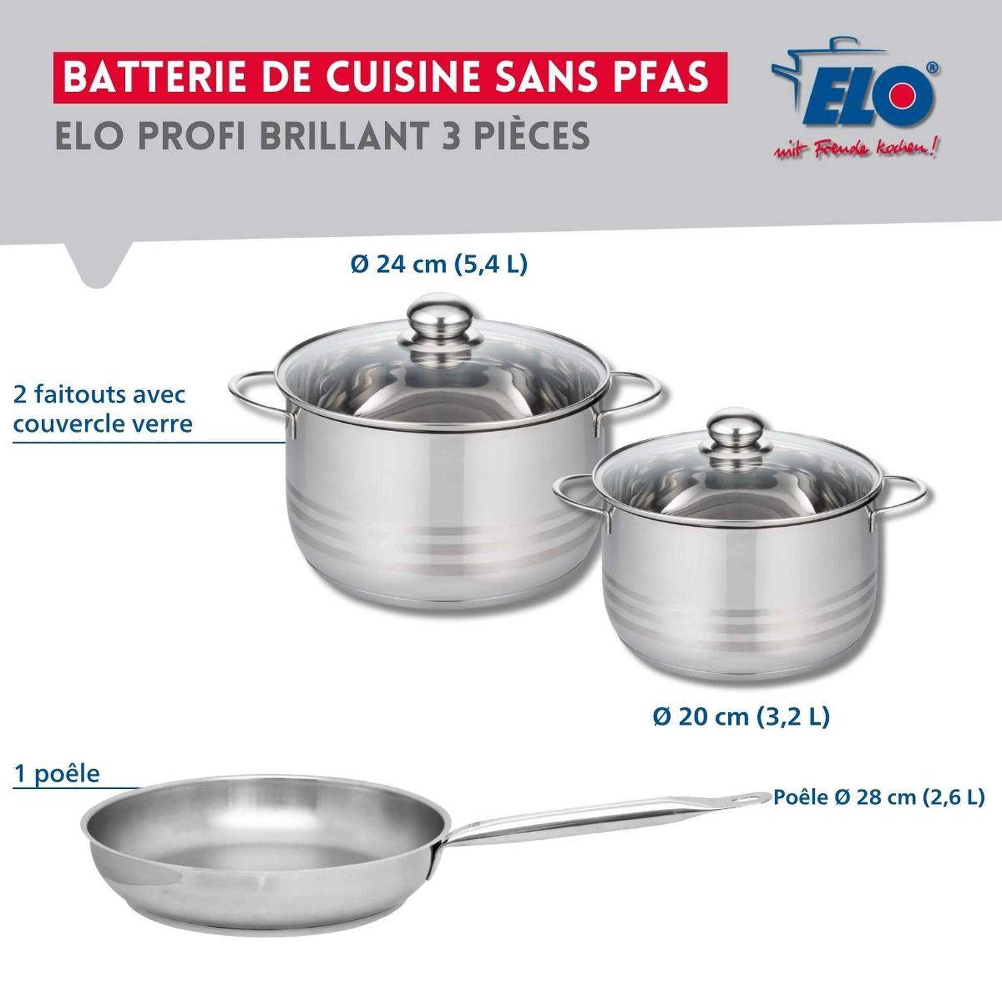 Voir la diapositive 2 : ELO Ensemble de 1 poêle de cuisson 28 cm et 2 faitouts 20 et 24 cm elo profi brillant