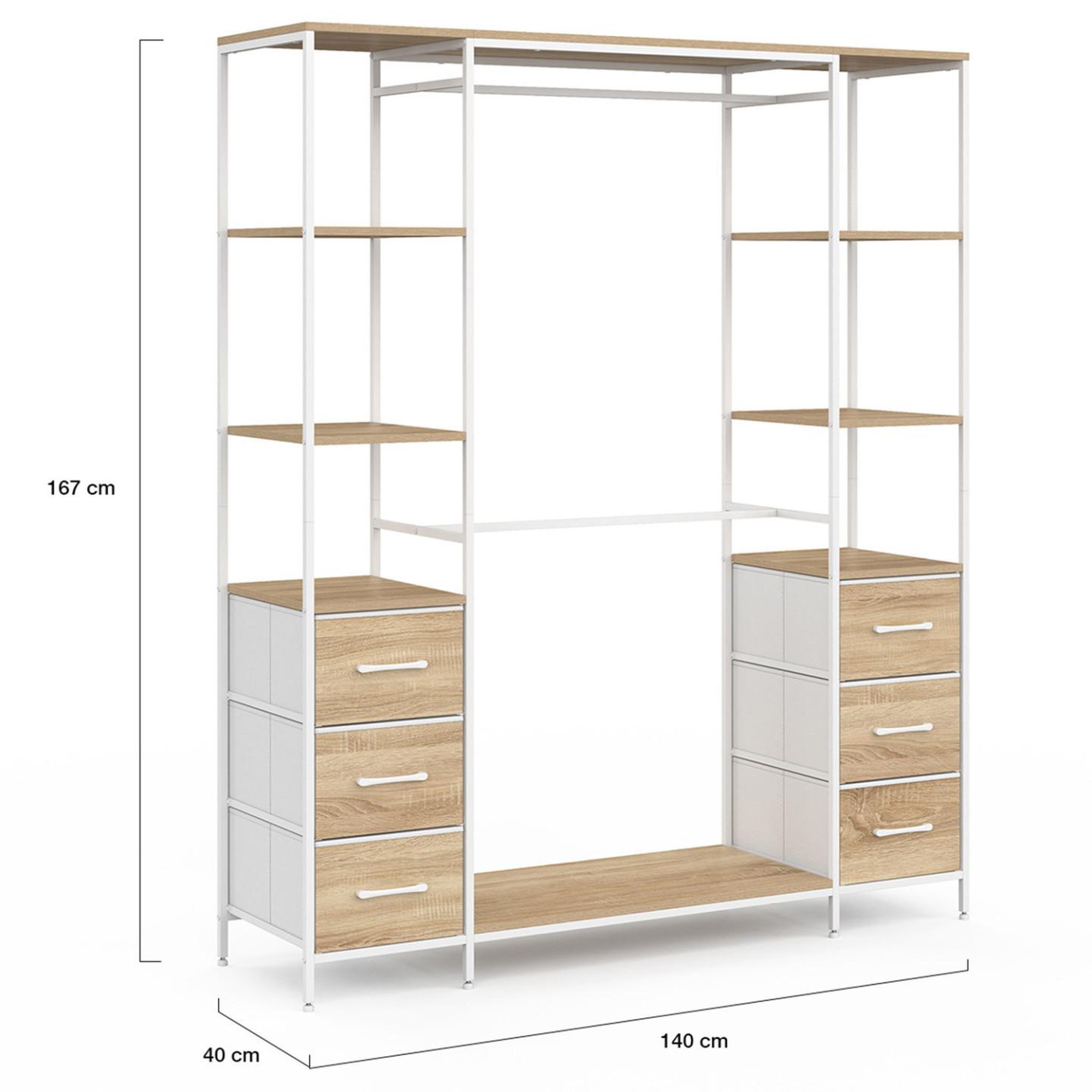 Voir la diapositive 4 : ID MARKET Dressing double penderie + double colonne l. 140 cm utah avec 6 étagères et 6 bacs en tissu bois et blanc