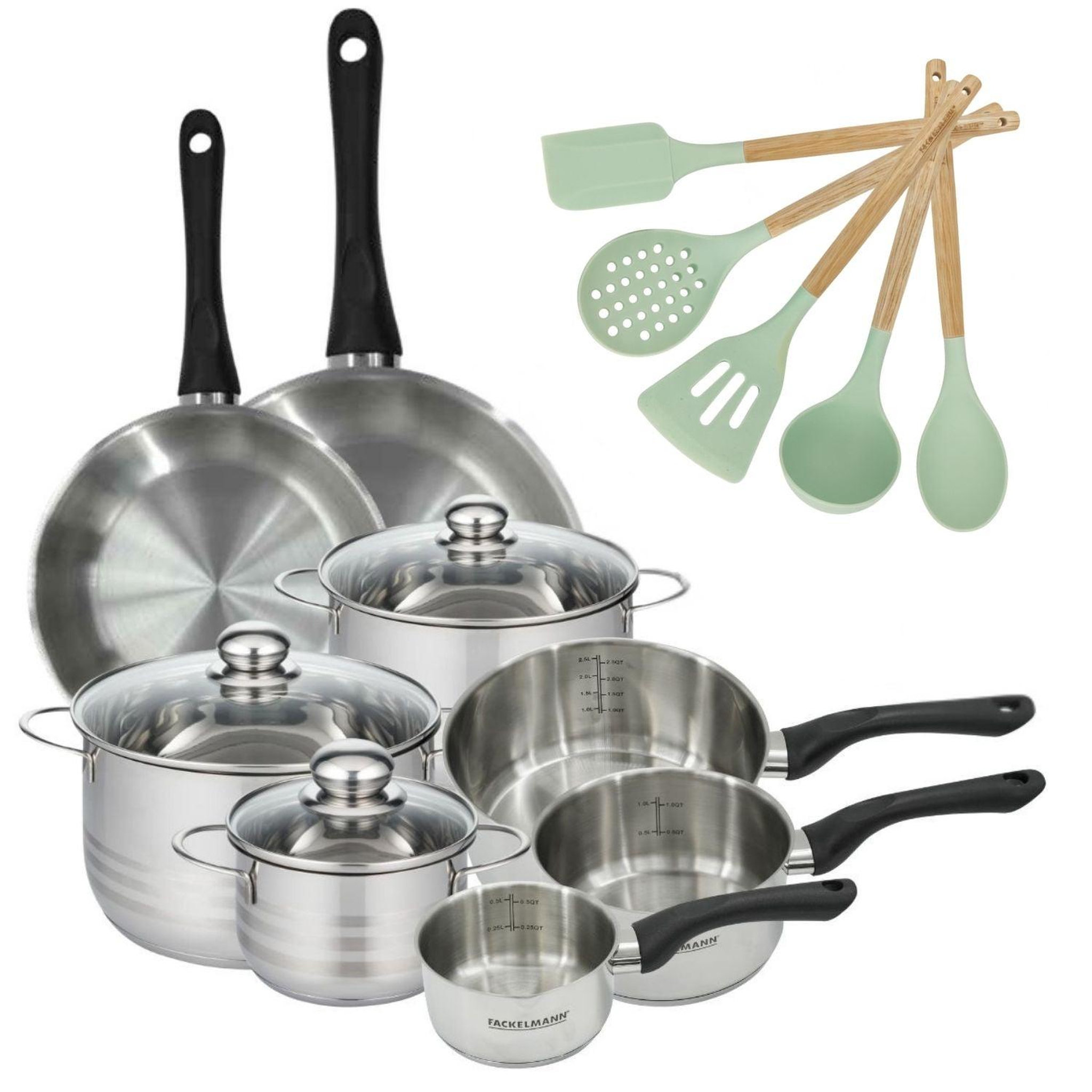 Fackelmann Batterie de cuisine avec 3 faitouts 16/20/24 cm et 3 casseroles 12/16/20 cm et 2 poêles 24/28 cm sans pfas fackelmann généva brillant ocean
