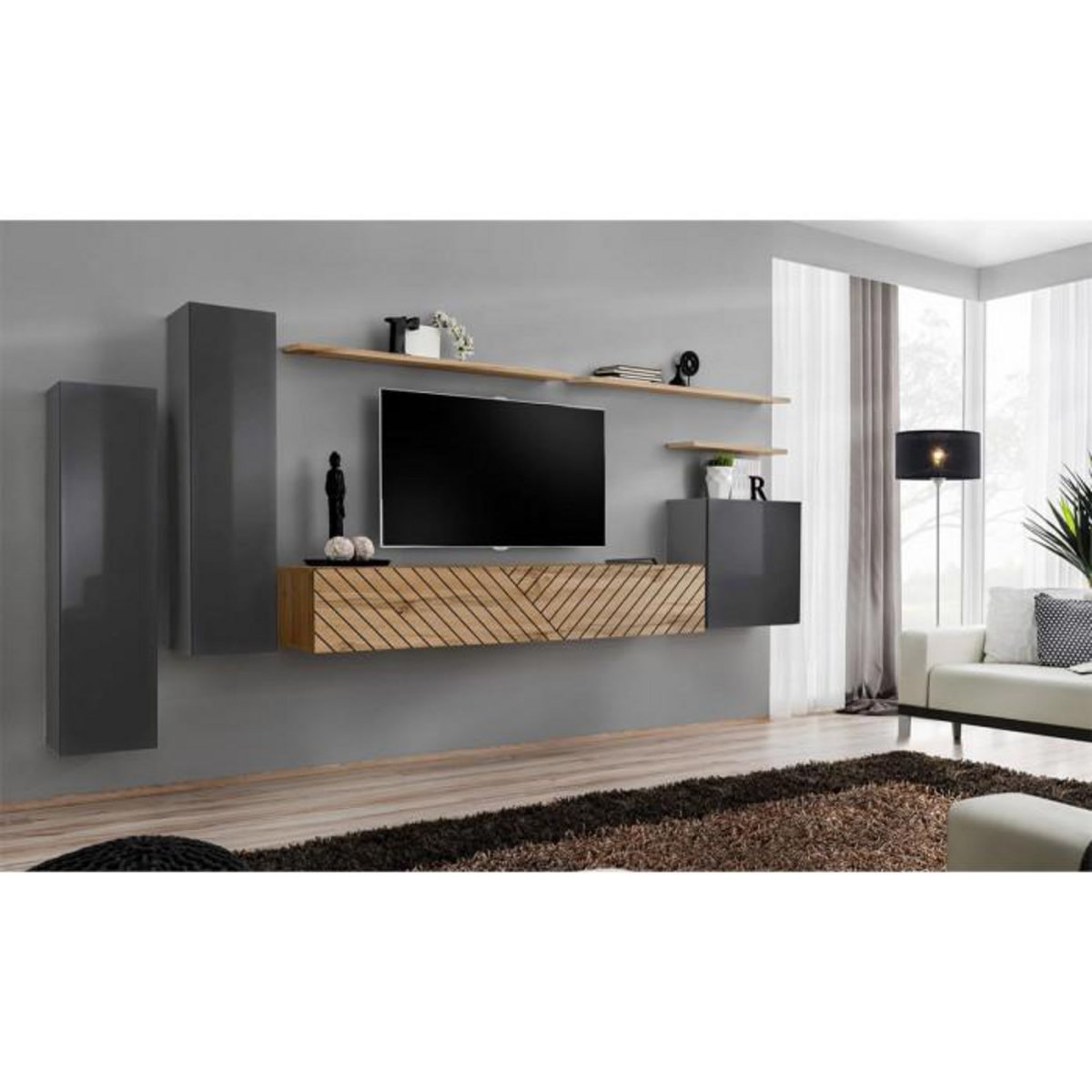 Paris Prix Ensemble Meuble TV  Switch Lamel I  330cm Naturel & Gris