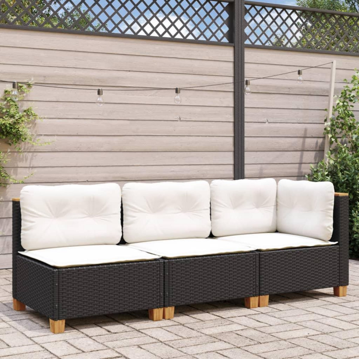 VIDAXL Canape de jardin avec coussins 3 places noir resine tressee