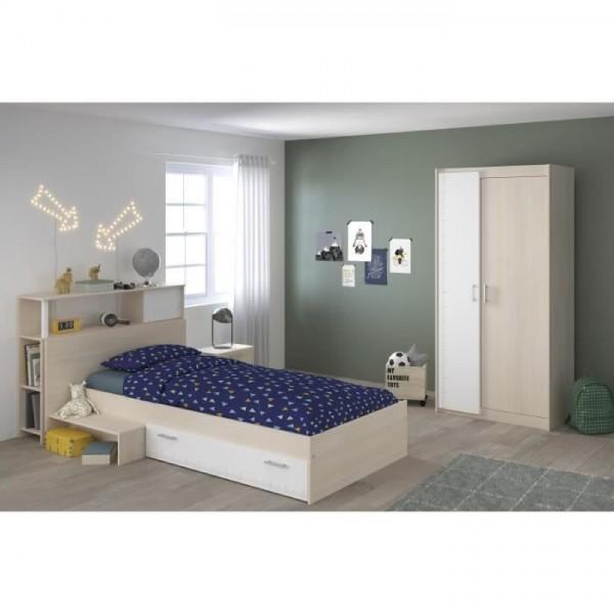 Voir la diapositive 2 : PARISOT PARISOT Chambre enfant complete - Tete de lit + lit + armoire - Style contemporain - Décor acacia clair et blanc - CHARLEMAGNE