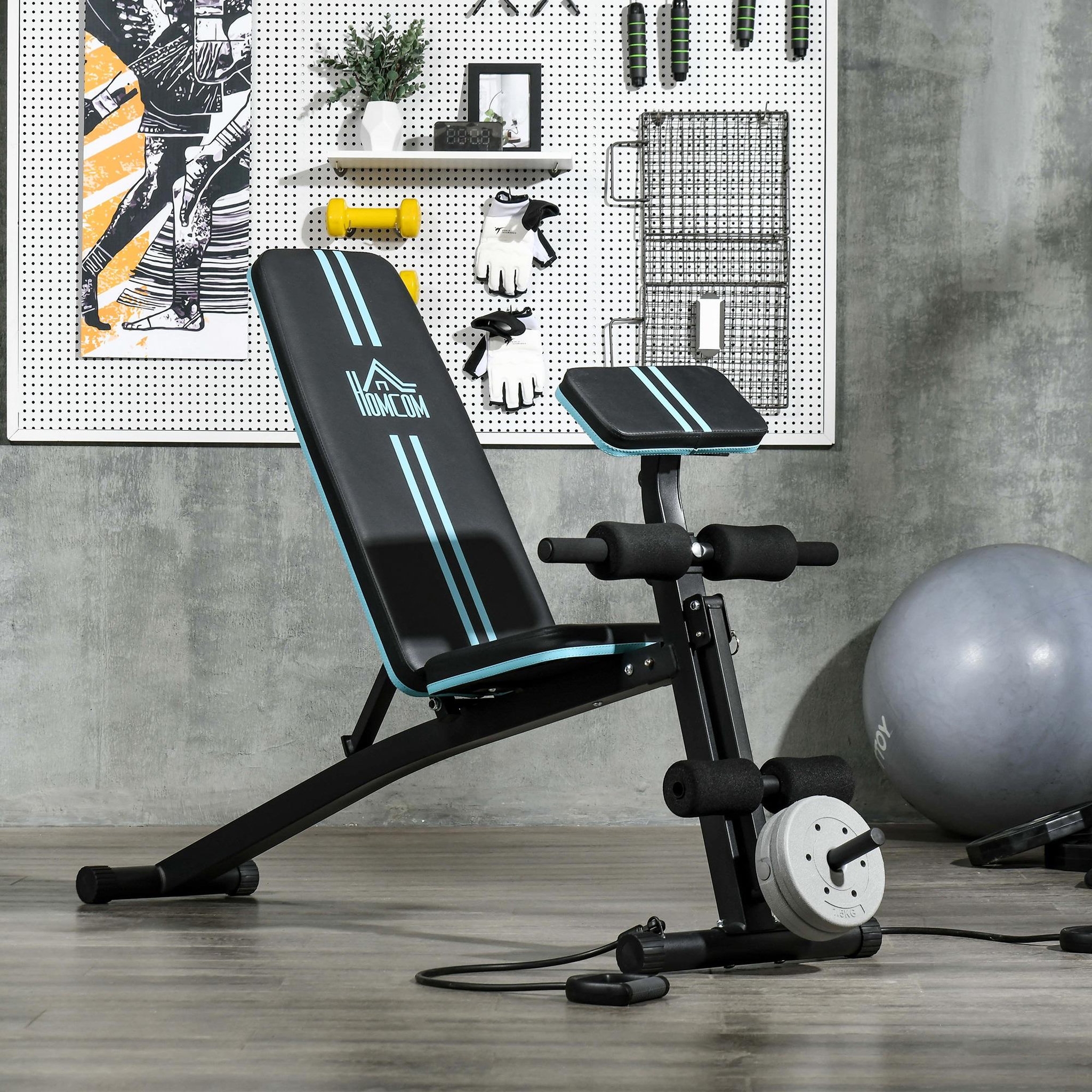 Voir la diapositive 2 : HOMCOM Banc de musculation pliable inclinable réglable sangles élastiques + support haltères inclus acier noir bleu