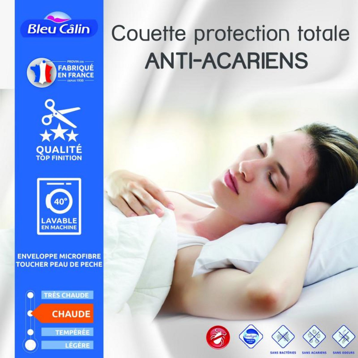 Bleu Calin Couette protection totale anti acariens 400 gr/m² 220 x 240 cm pour lit 2 places 140 x 190 cm à 160 x 200 cm - Blanc - 220 x 240 cm pour lit 2 places