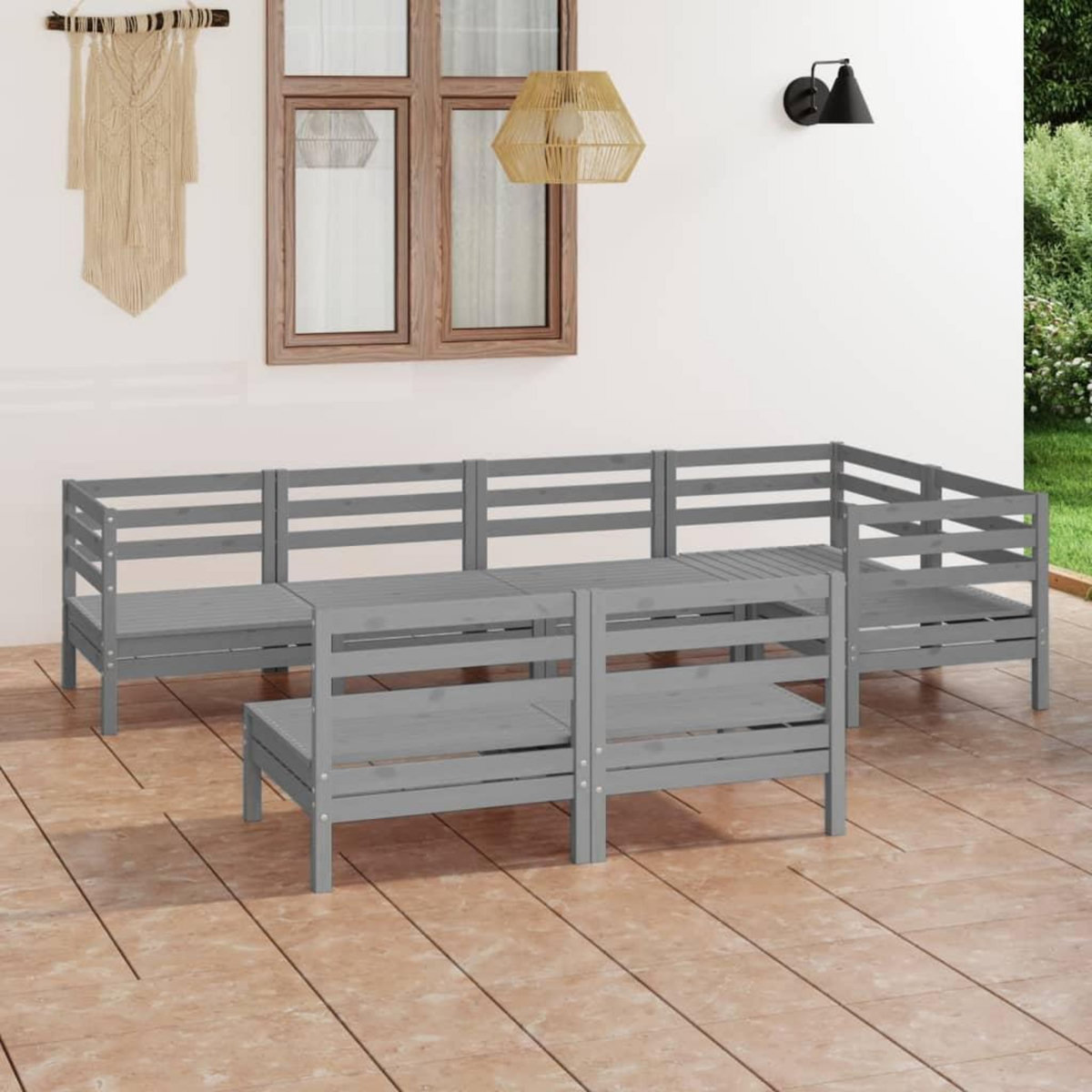 VIDAXL Salon de jardin 7 pcs Bois de pin massif Gris