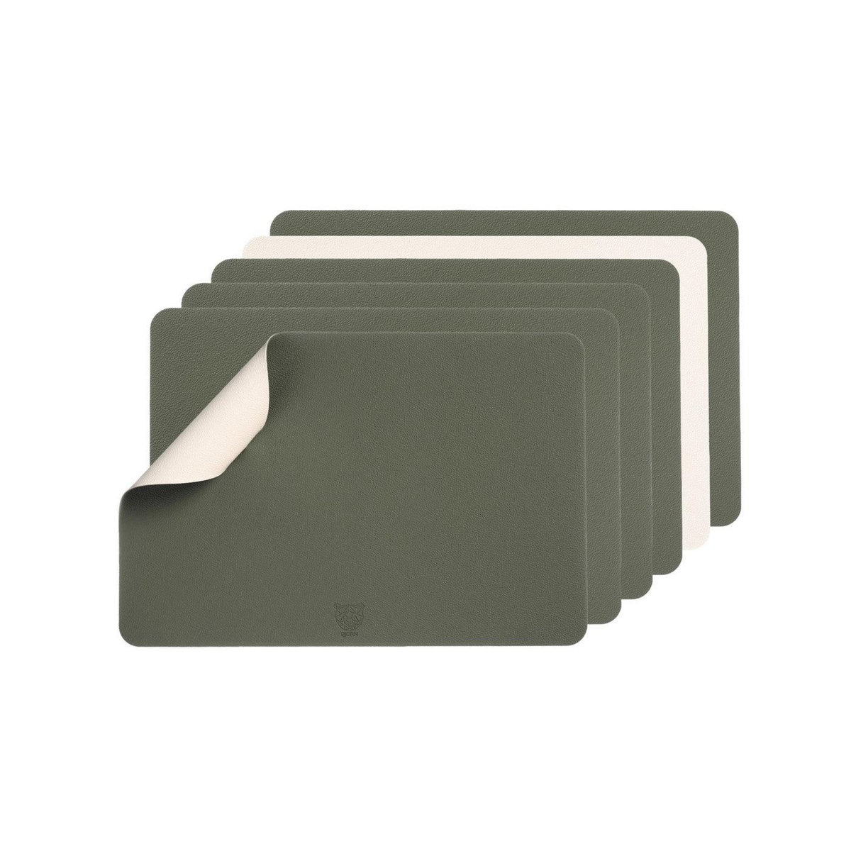 BJORN Set de table rectangulaire réversible - 6 pièces - Cuir recyclé blanc crème et vert de gris
