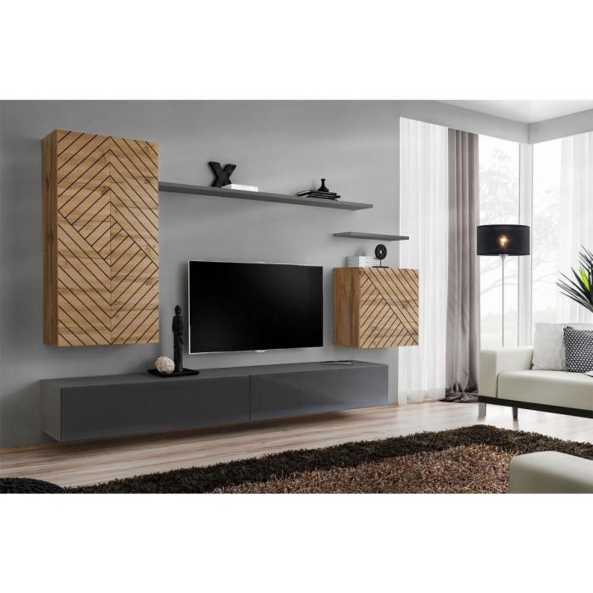 Paris Prix Ensemble Meuble TV  Switch Lamel II  270cm Gris & Naturel