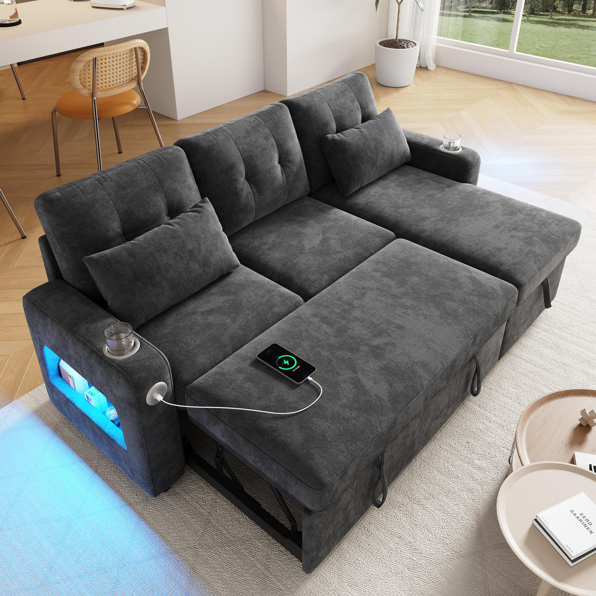 Voir la diapositive 4 : MERAX Canapé d'angle droit convertible 3 places tissu led coffre de rangement