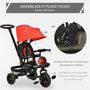 Voir la diapositive 4 : HOMCOM Tricycle enfant évolutif pliable 4 en 1 multifonction - pare-soleil, canne télescopique amovible - siège pivotant, harnais, arceau sécurité - 3 paniers rangement - métal PP rouge noir