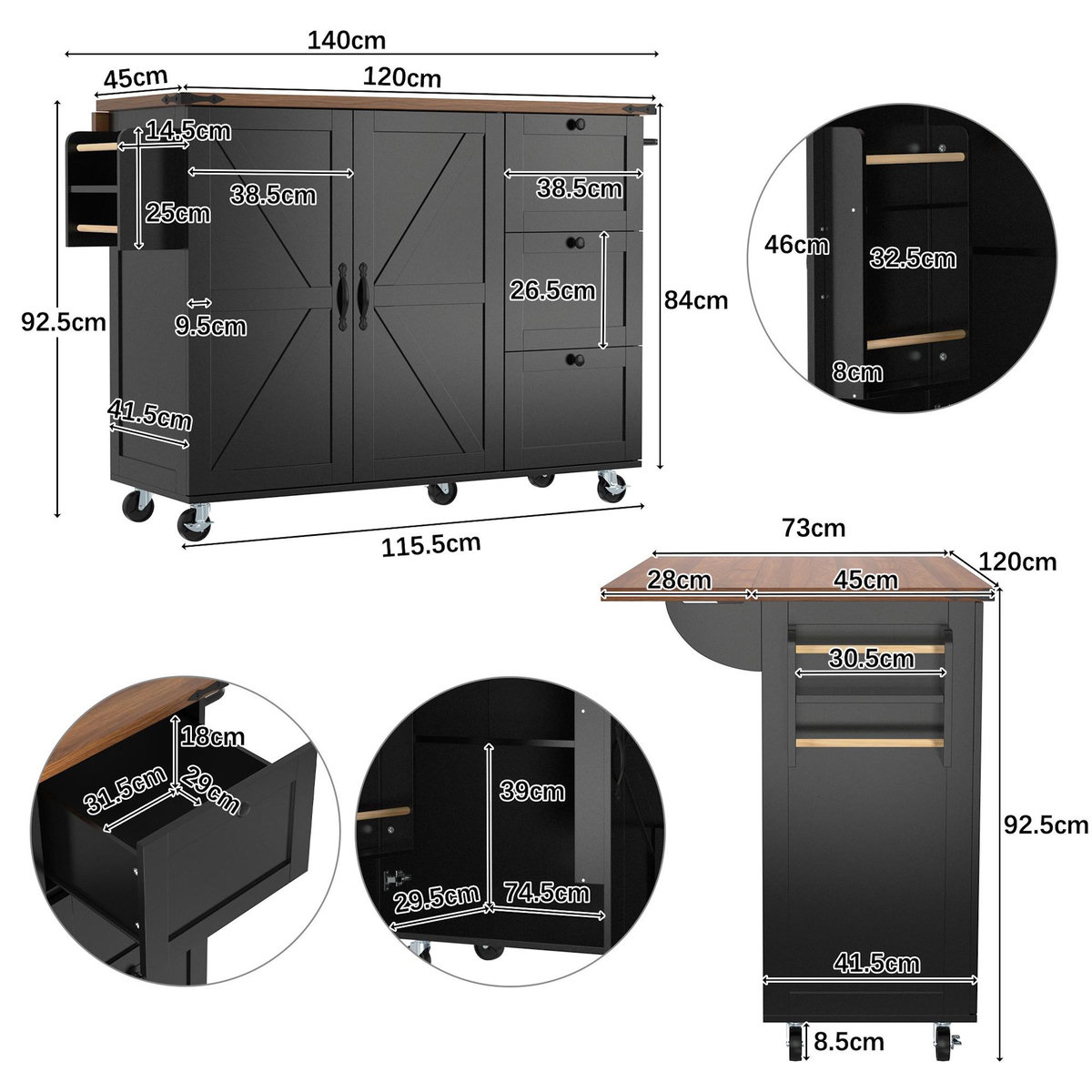 MERAX Desserte 2 portes 3 tiroirs coloris noir mdf