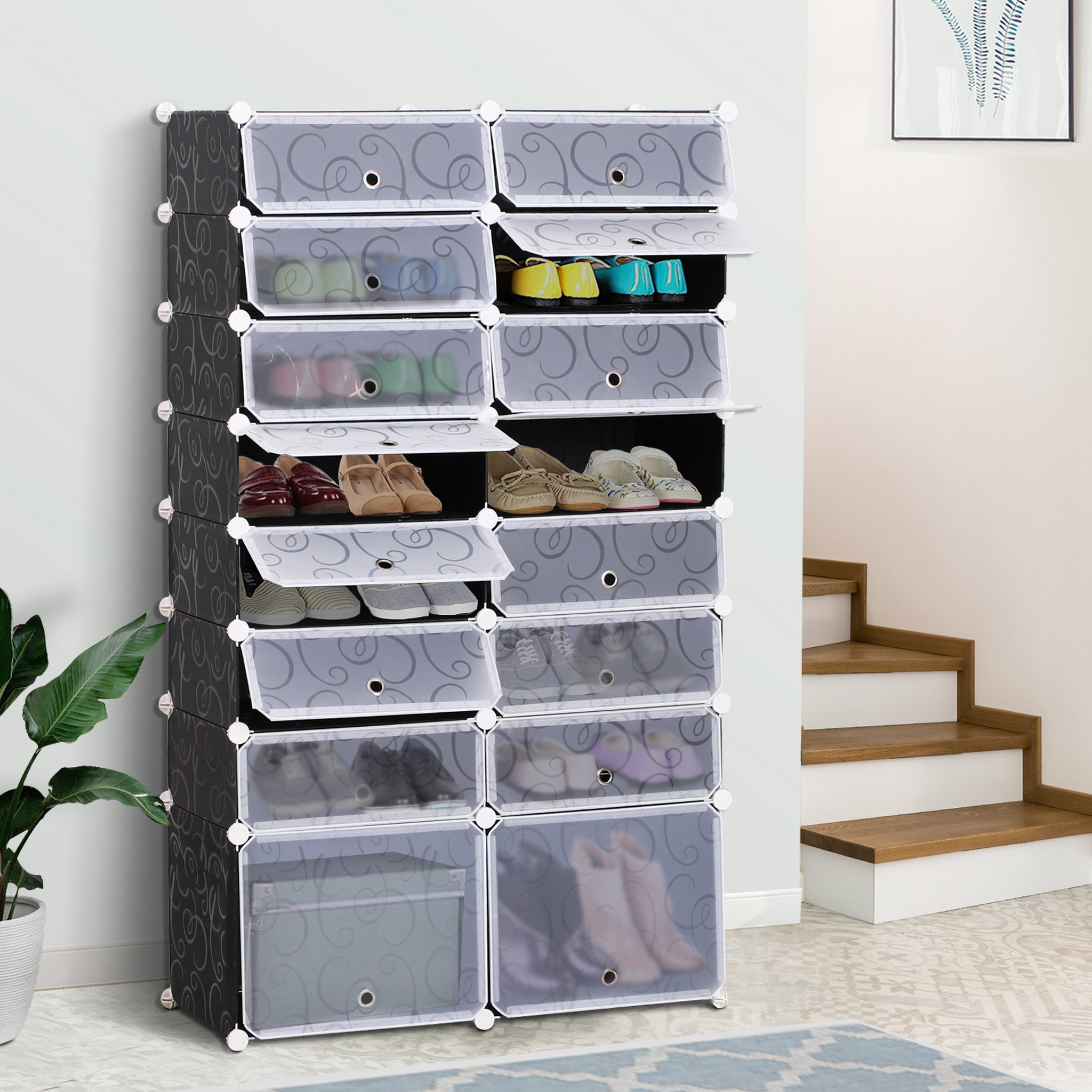 Voir la diapositive 2 : HOMCOM Armoire à chaussures range chaussures L 95 x l 37 x H 160 cm 14 cubes rectangulaires et 2 grands cubes noir et blanc