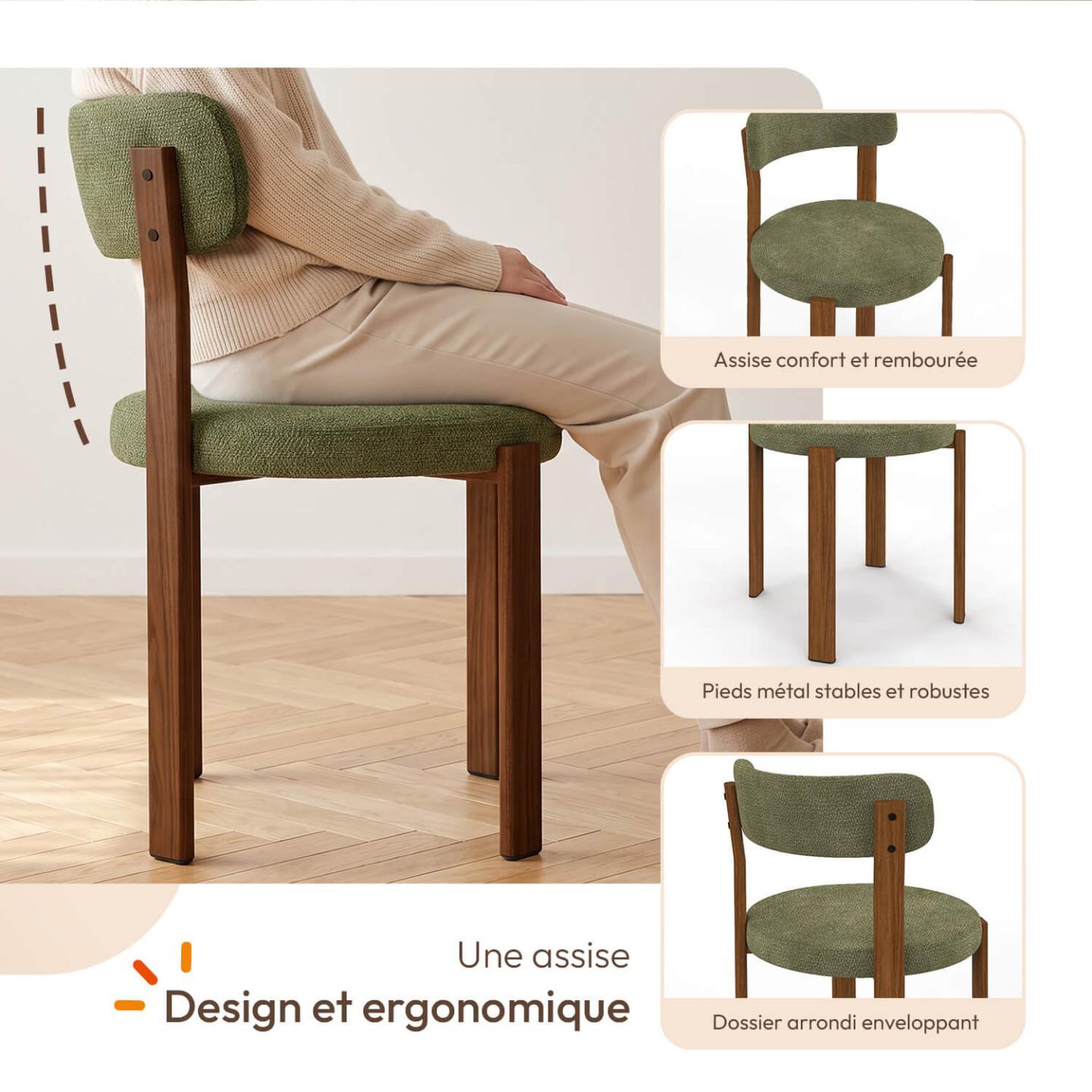 Voir la diapositive 3 : ID MARKET Lot de 4 chaises nella en tissu chenille verte pieds noyer pour salle à manger
