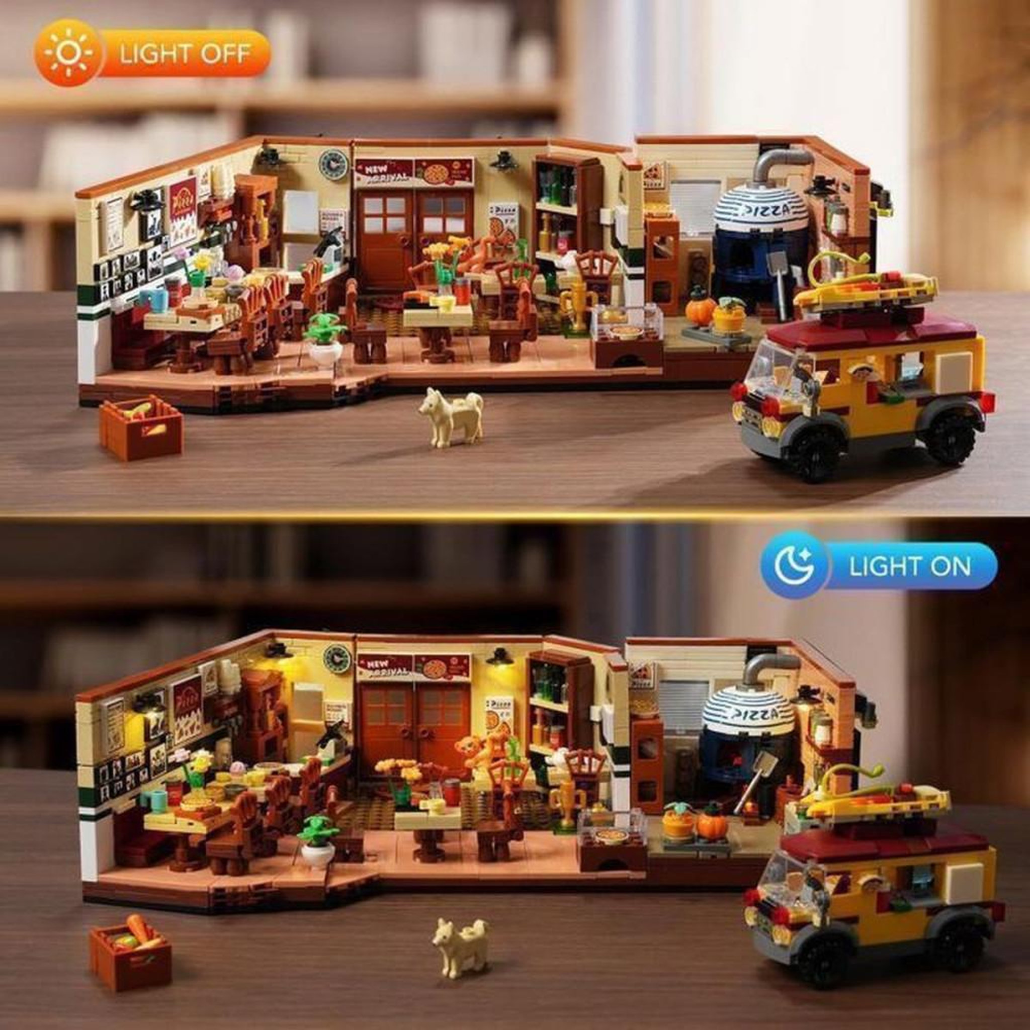 Voir la diapositive 2 : Set de construction CD Pizzeria Italienne avec LED intégrées, 1 098 pièces, design ouvert 3 côtés et camion pizza rétro