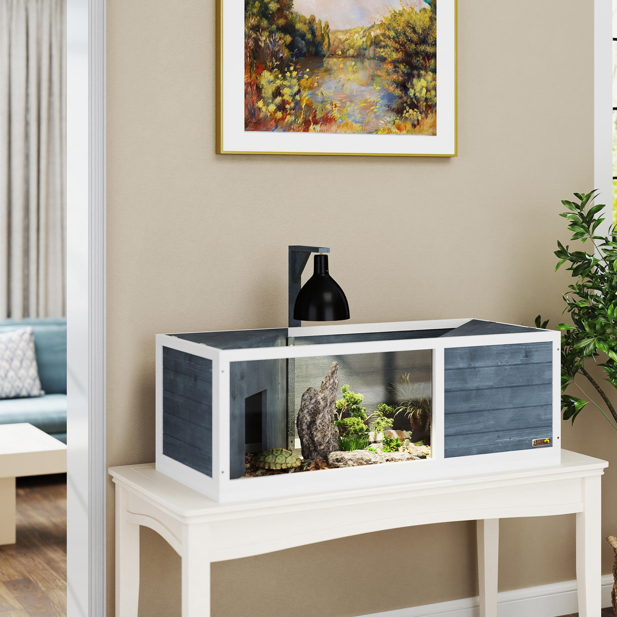 Voir la diapositive 2 : PAWHUT Maison enclos pour tortues - 2 niches et enclos - 2 toits ouvrants - bois blanc gris
