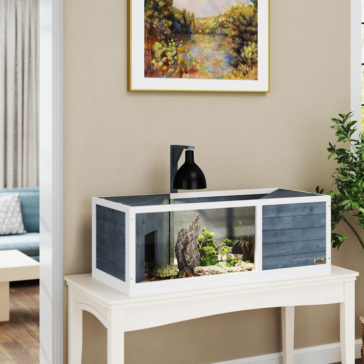 PAWHUT Maison enclos pour tortues - 2 niches et enclos - 2 toits ouvrants - bois blanc gris