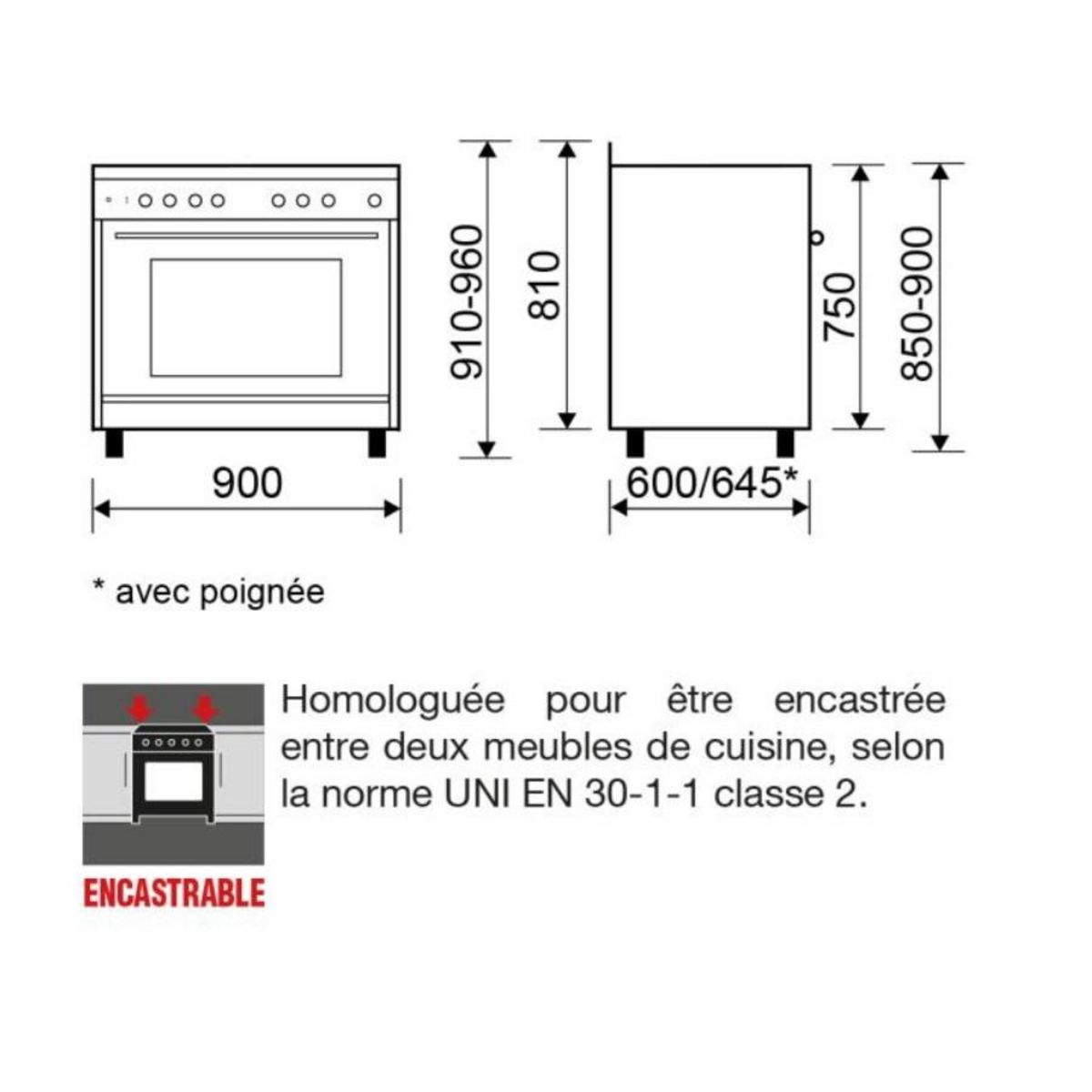 Glem Piano de cuisson mixte 104l 5 feux noir - GE960CVBK2