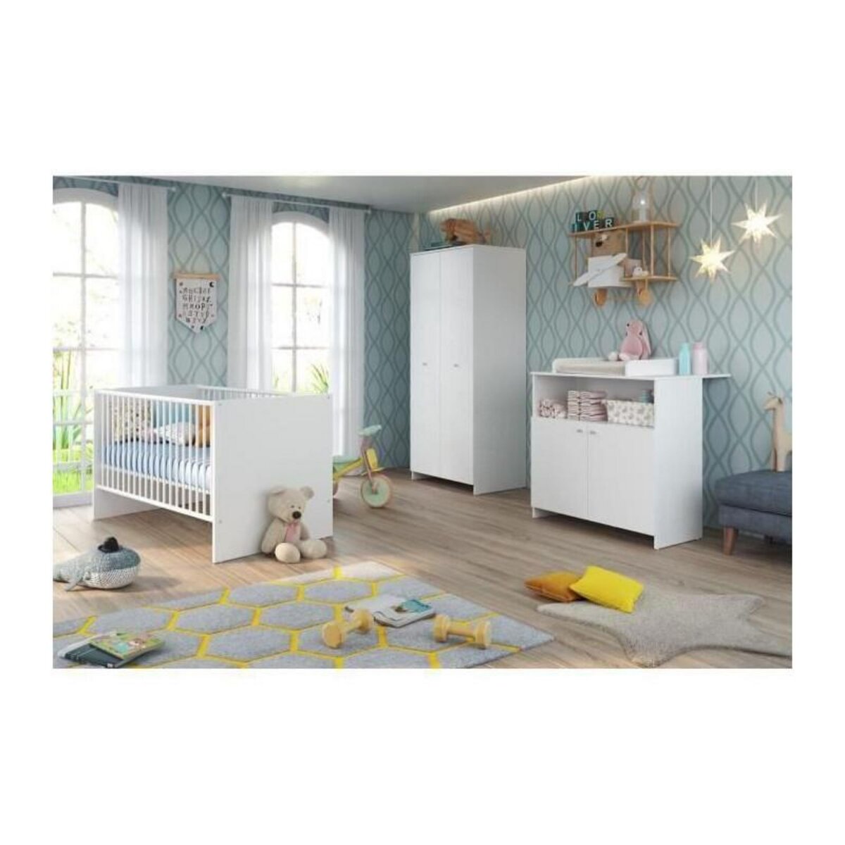 TREND TEAM NIKO Chambre bebe complete : lit 70x140cm + commode a langer + armoire - blanc
