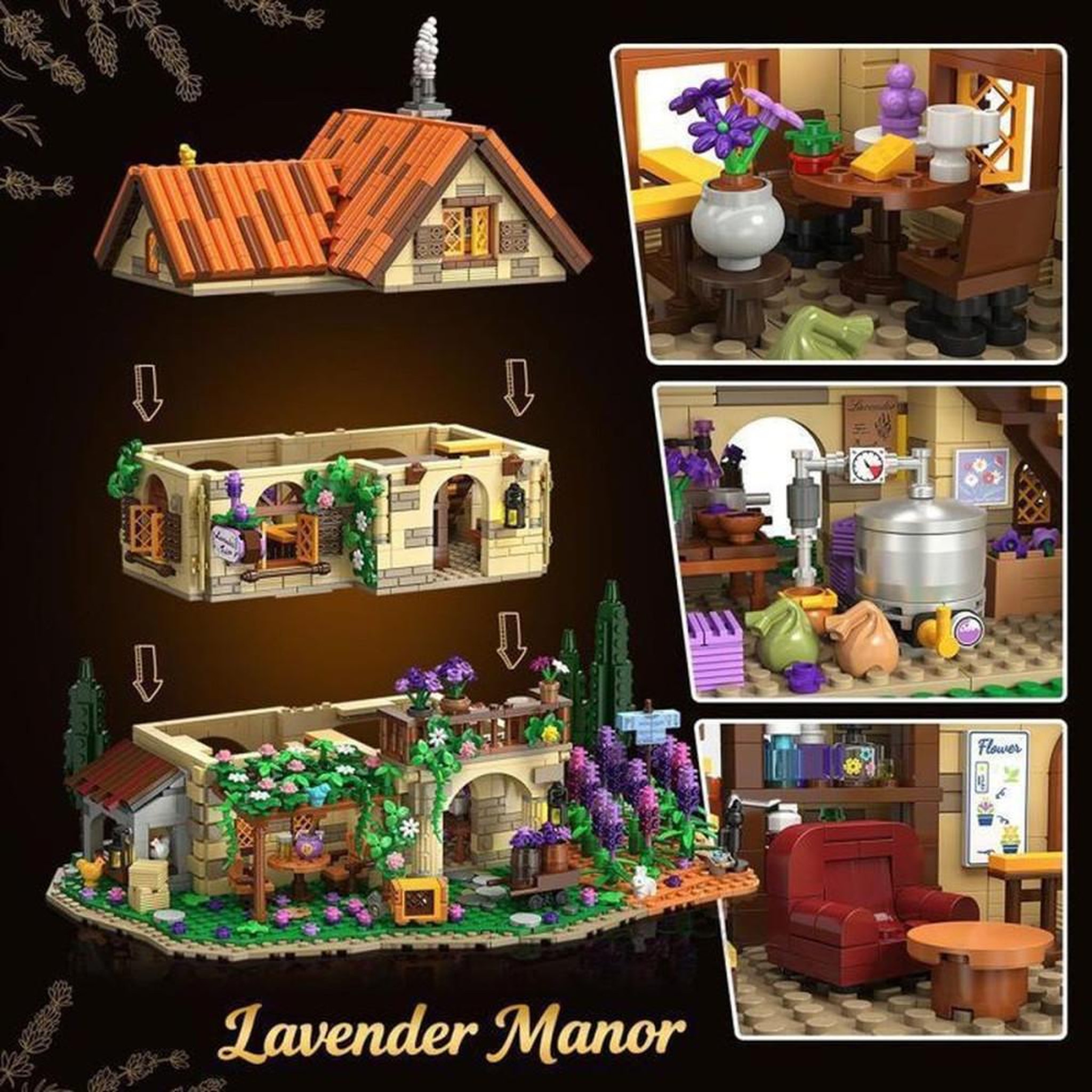 Voir la diapositive 2 : Coffret maison romantique violet Lavande Manor INSOON à 2 LED, 1960 pièces, modèle traditionnel en ABS, 3 étages, convient dès 12 ans