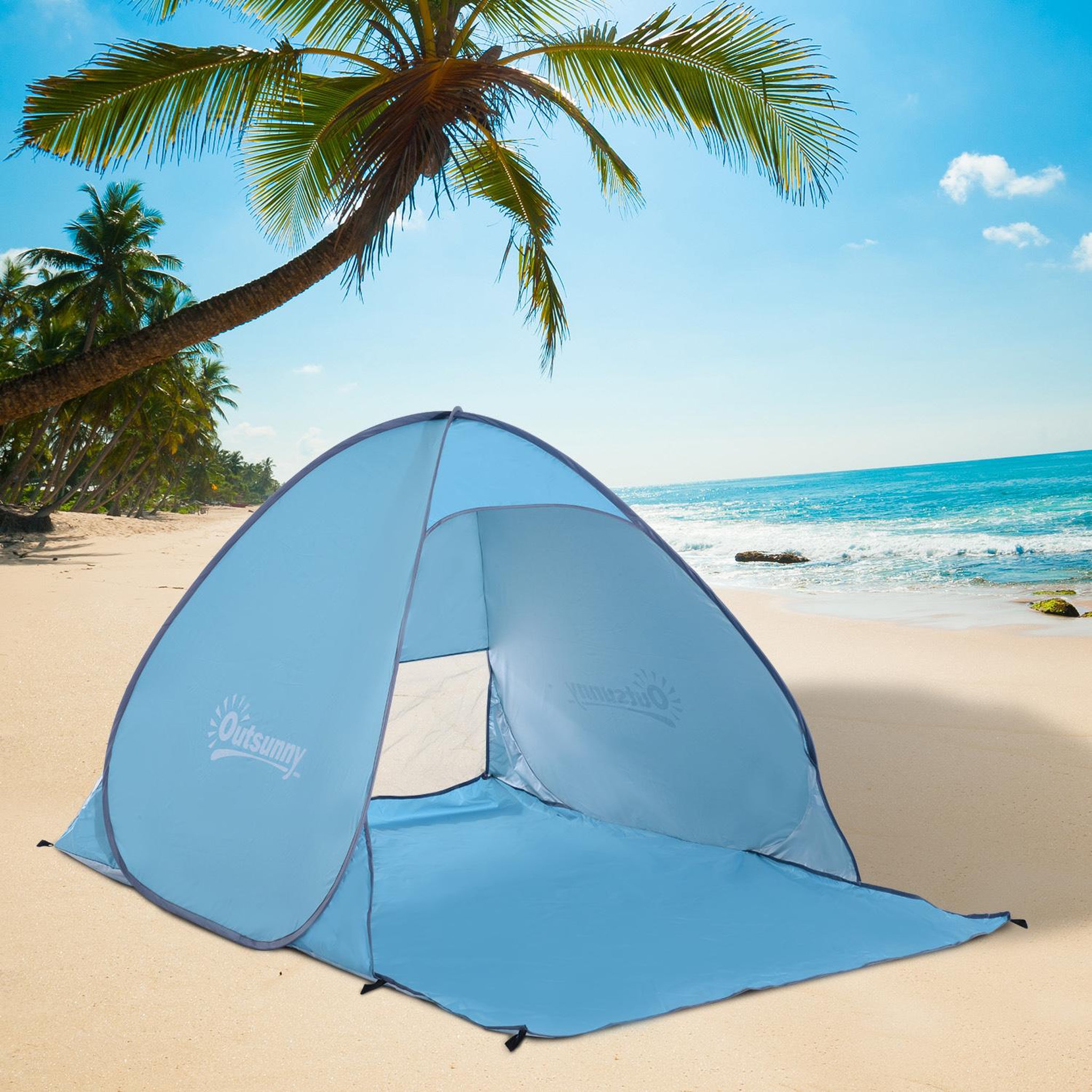 Voir la diapositive 2 : OUTSUNNY Abri de plage tente de plage pliable pop-up automatique instantané protection uv fenêtre arrière grand tapis de sol bleu ciel