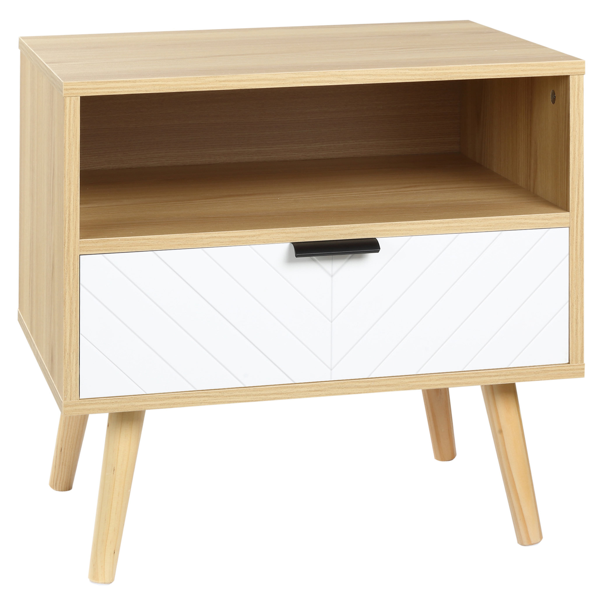 Voir la diapositive 1 : HOMCOM Chevet table de nuit design scandinave tiroir + niche bois pin panneaux particules motif chevrons blanc aspect chêne clair