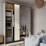 BEST MOBILIER Kimi - armoire - 2 portes coulissantes - led et miroir inclus - 220x221 cm. Coloris disponibles : Beige