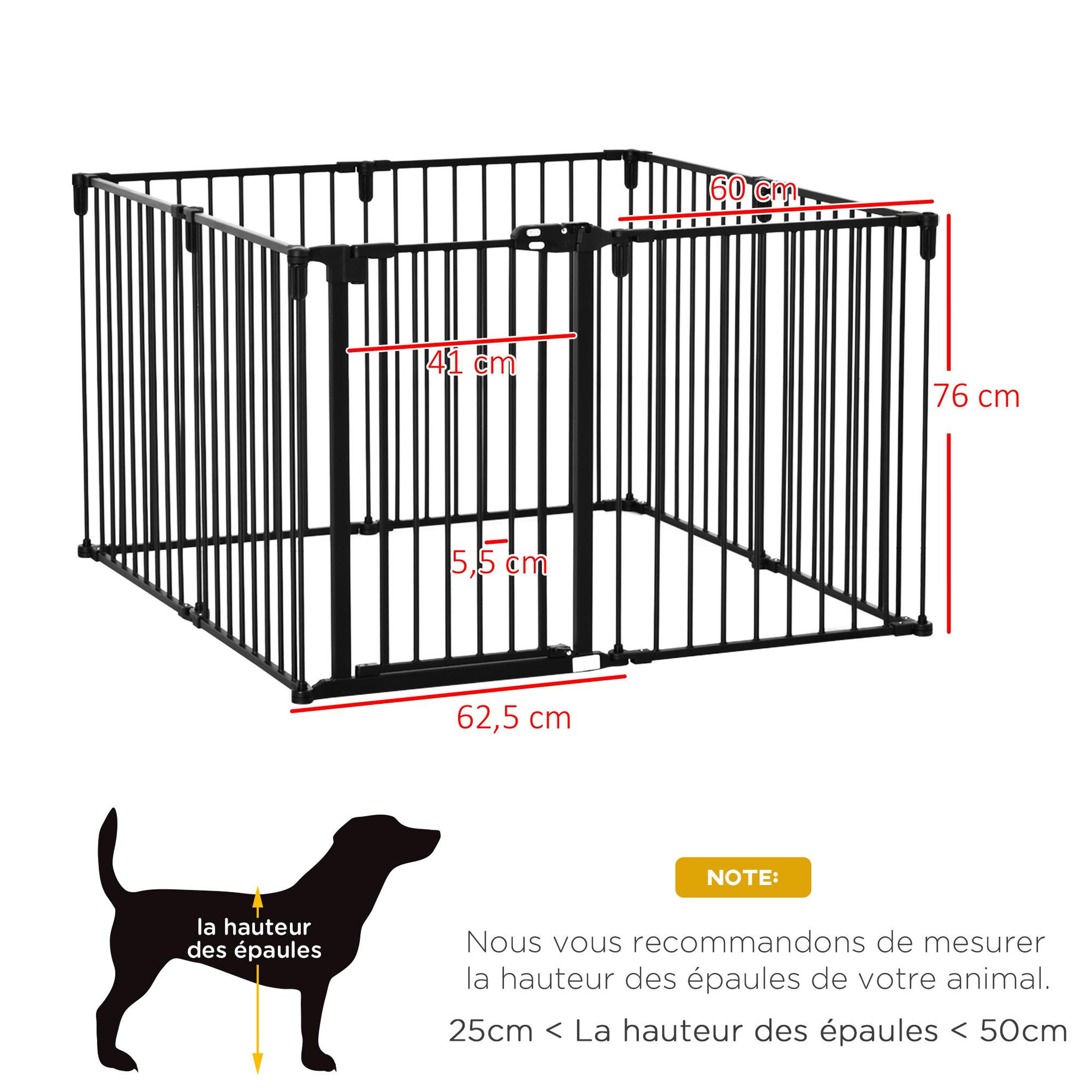 Voir la diapositive 3 : PAWHUT Barrière de sécurité - parc enclos chien modulable pliable - porte verrouillable - 8 panneaux acier et pp - dim. 482,5l max. X 76h cm noir