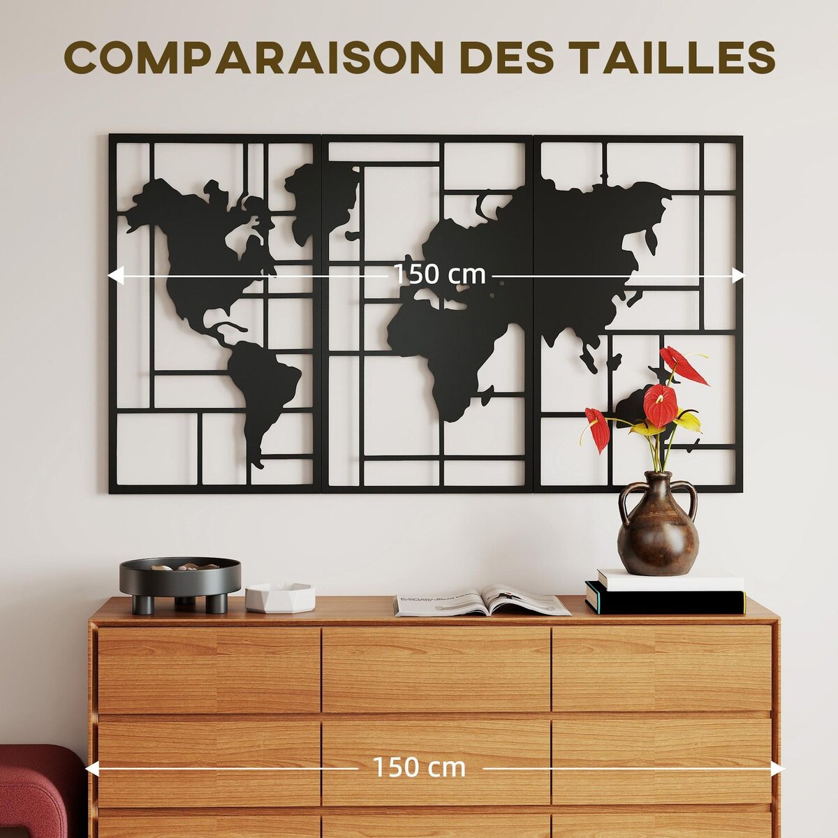 HOMCOM Lot de 3 décorations murales métal design graphique carte du monde métal noir