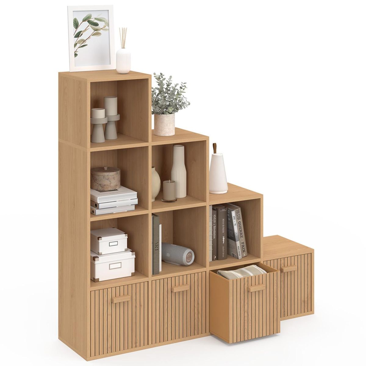 ID MARKET Meuble de rangement en escalier LORYS 4 niveaux effet lattes JULIETTE avec 4 tiroirs en tissu