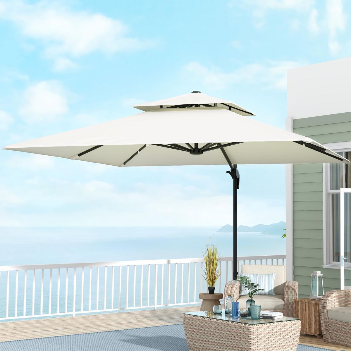 OUTSUNNY Parasol déporté carré double toit inclinable pivotant manivelle lestage inclus acier polyester écru