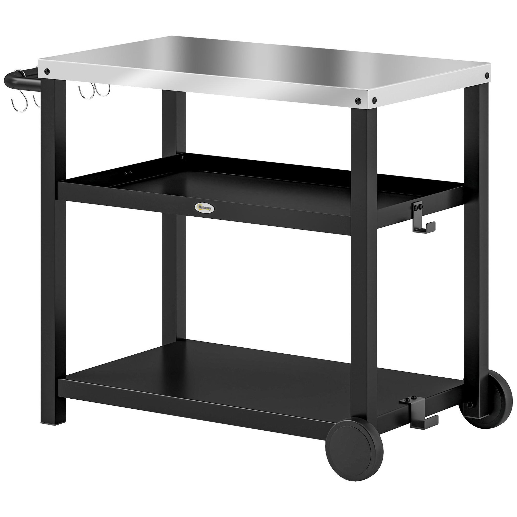 Voir la diapositive 2 : OUTSUNNY Desserte jardin - chariot pour plancha barbecue - 2 étagères, 4 + 1 crochets - métal gris plateau acier inox