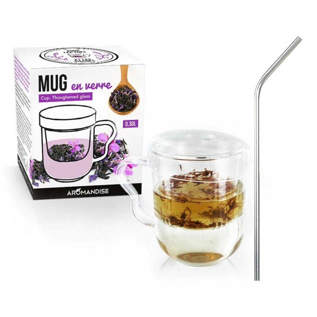 Youdoit Mug à thé avec poignée, infuseur et couvercle verre + 4 pailles en inox