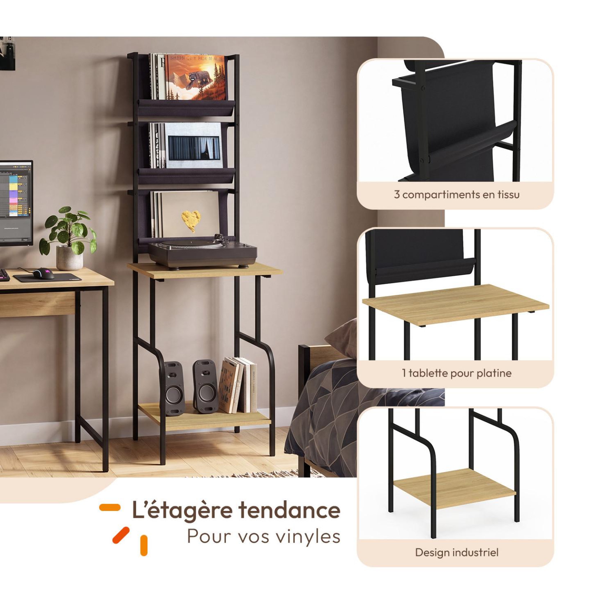 Voir la diapositive 3 : ID MARKET Meuble d'appoint haut, rangement avec étagères, supports vinyles et platine H. 150 cm NEVIL design industriel