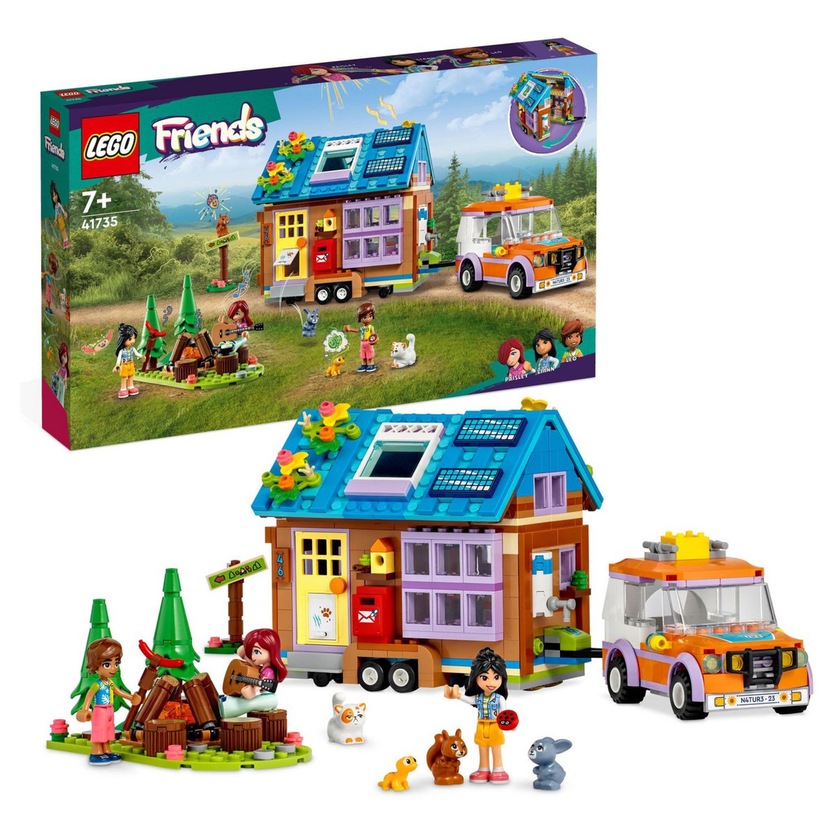 LEGO Friends 41735 La mini maison mobile, Jeu Camping en Forêt avec Voiture Jouet, Mini-Poupées Leo & Liann