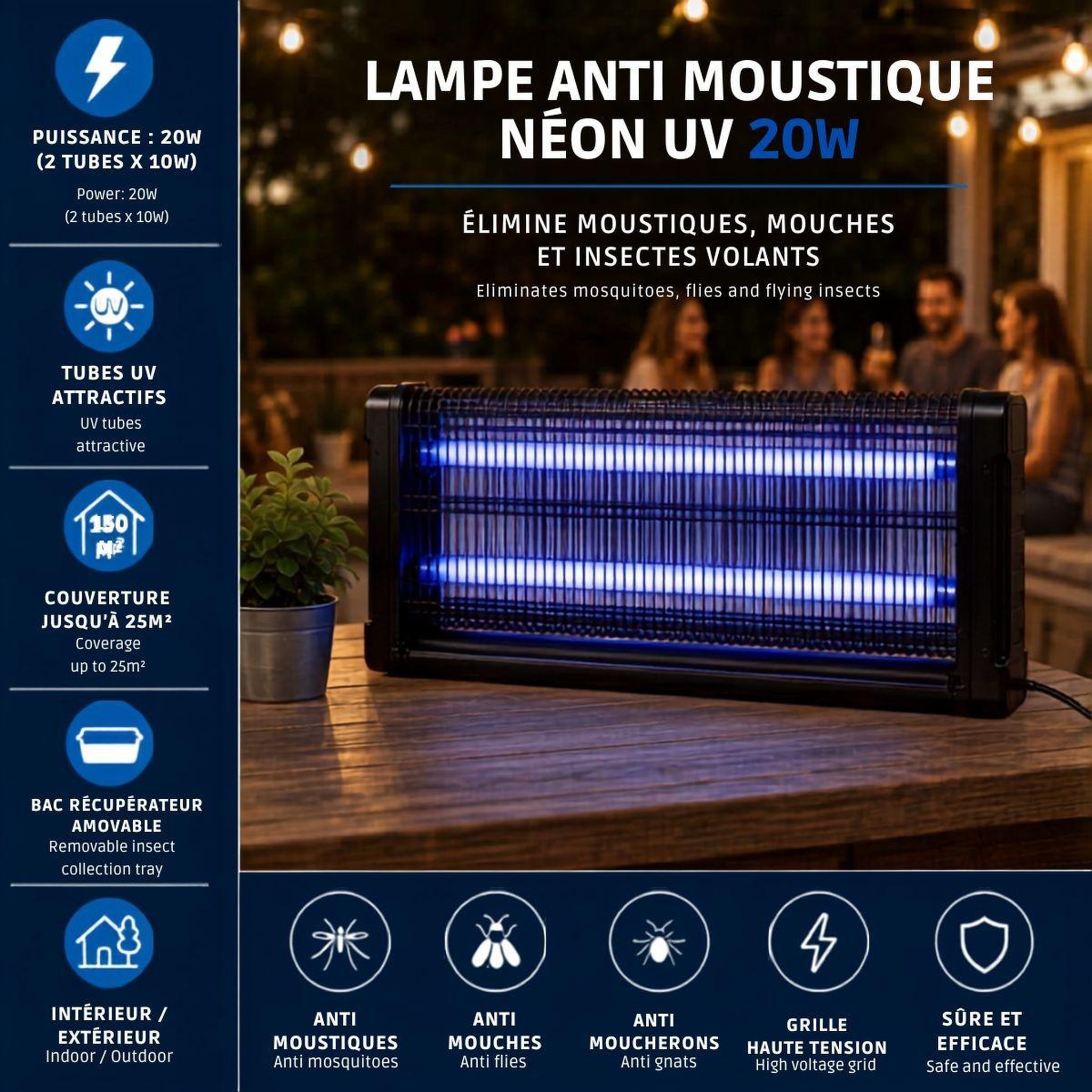 Voir la diapositive 2 : INTEC Lampe anti moustique néon uv 20w intérieur/extérieur piège à insectes 25m2 grille haute tension anti mouches insectes volants