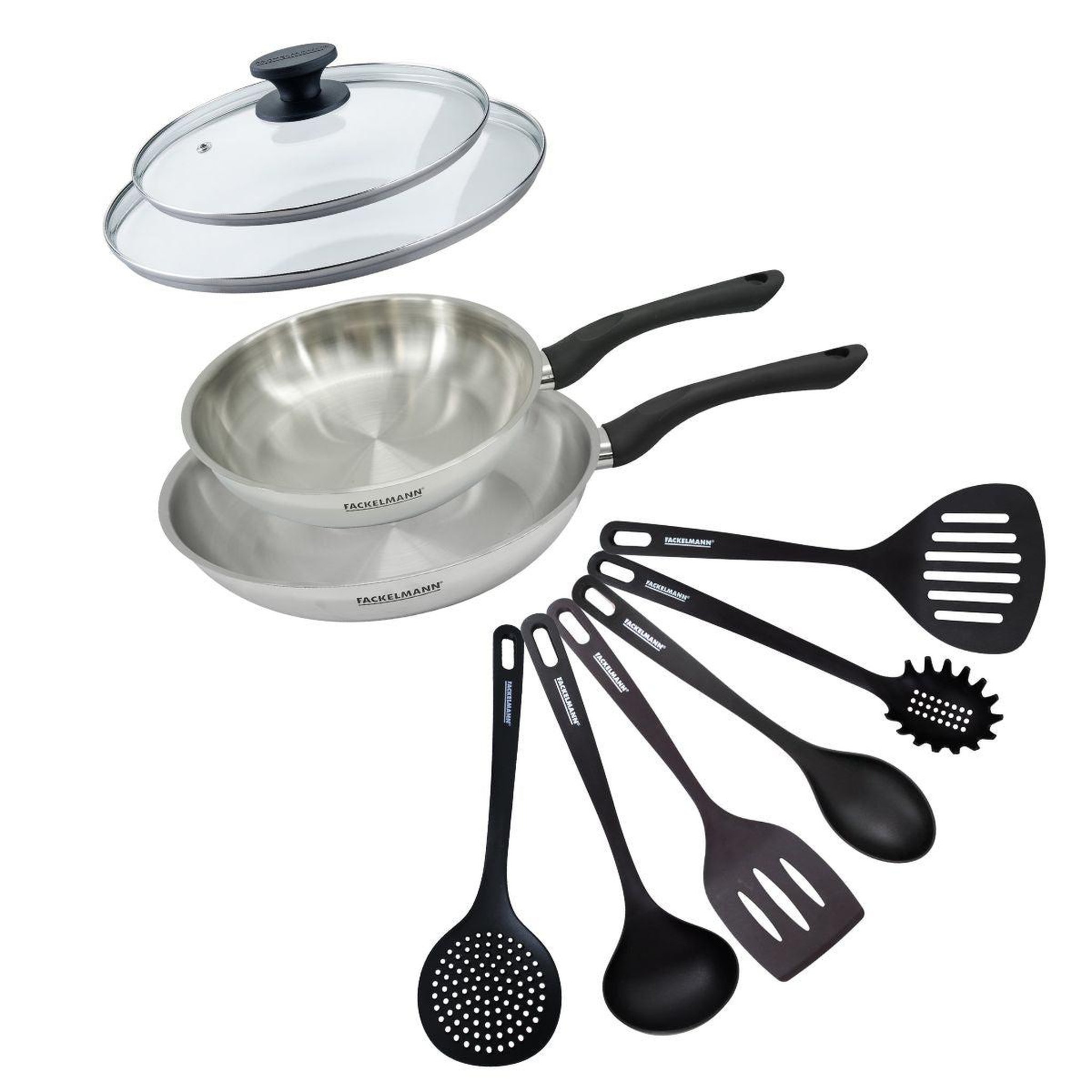 Fackelmann Set 2 poêles 24 et 28 cm en inox, couvercles verre et 6 ustensiles fackelmann geneva