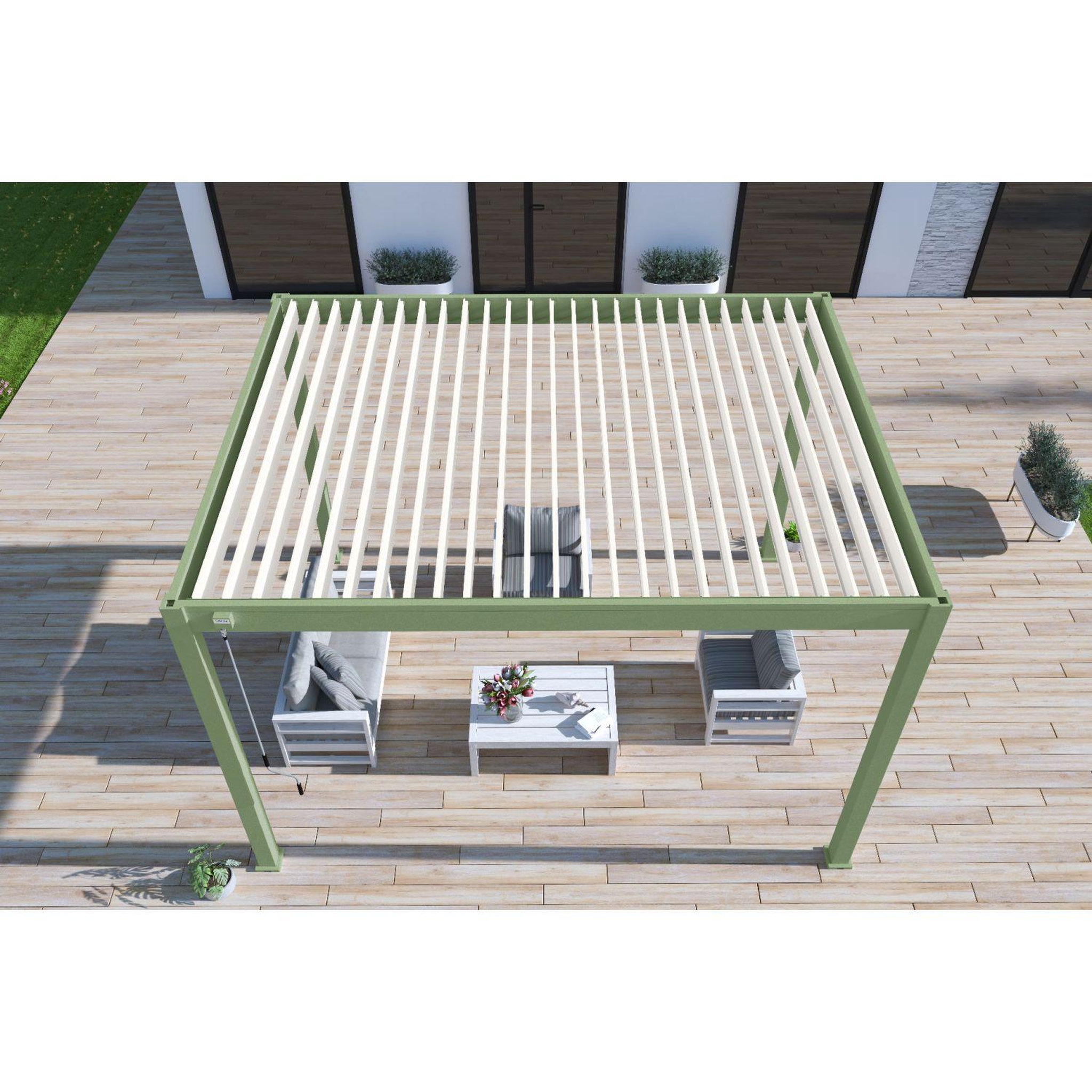 Voir la diapositive 7 : Pergola Bioclimatique autoportée 3x4 m - Aluminium - Vert jade/blanc - VS OmBREA®