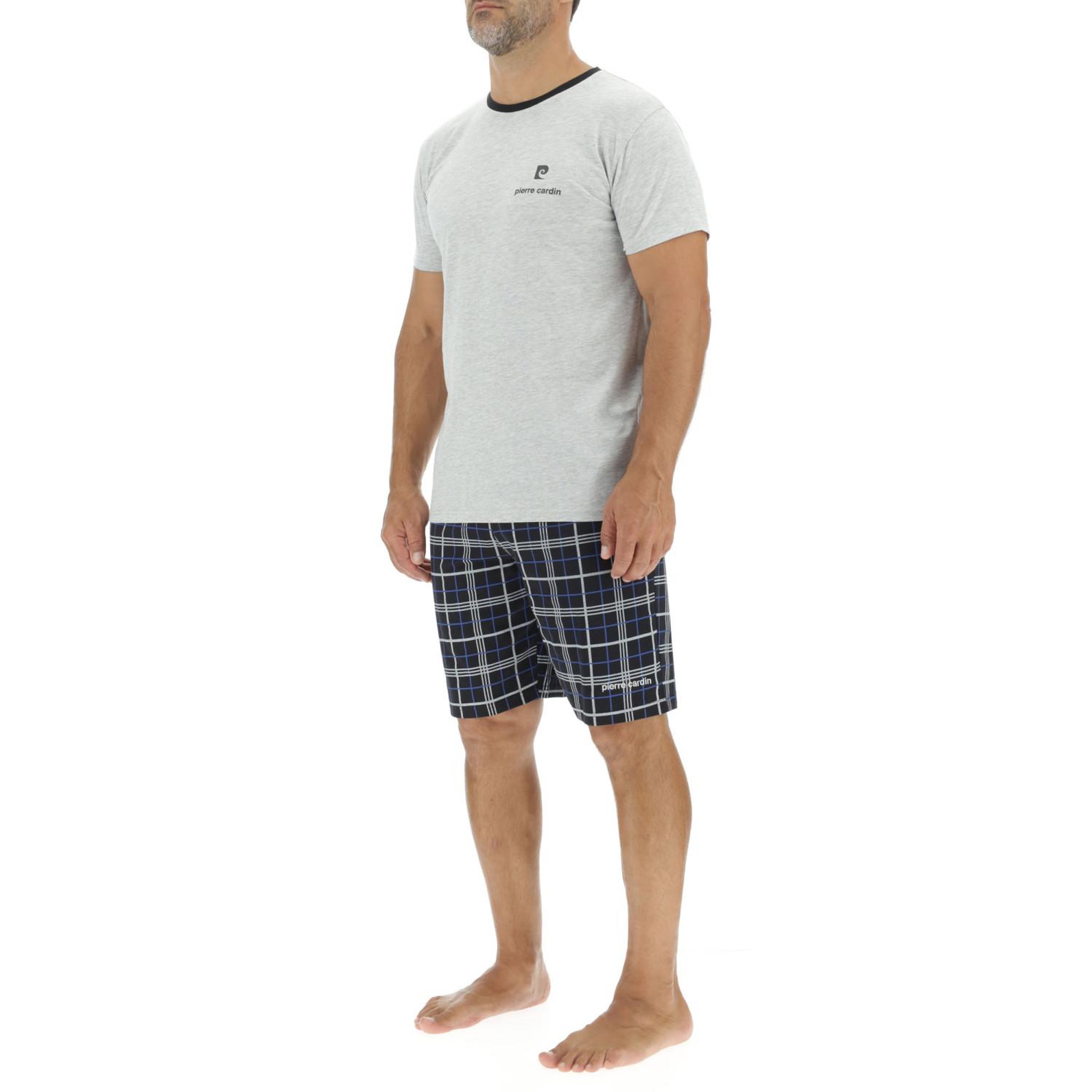 Voir la diapositive 3 : PIERRE CARDIN Ensemble pyjama court homme en coton à carreaux et logo poitrine