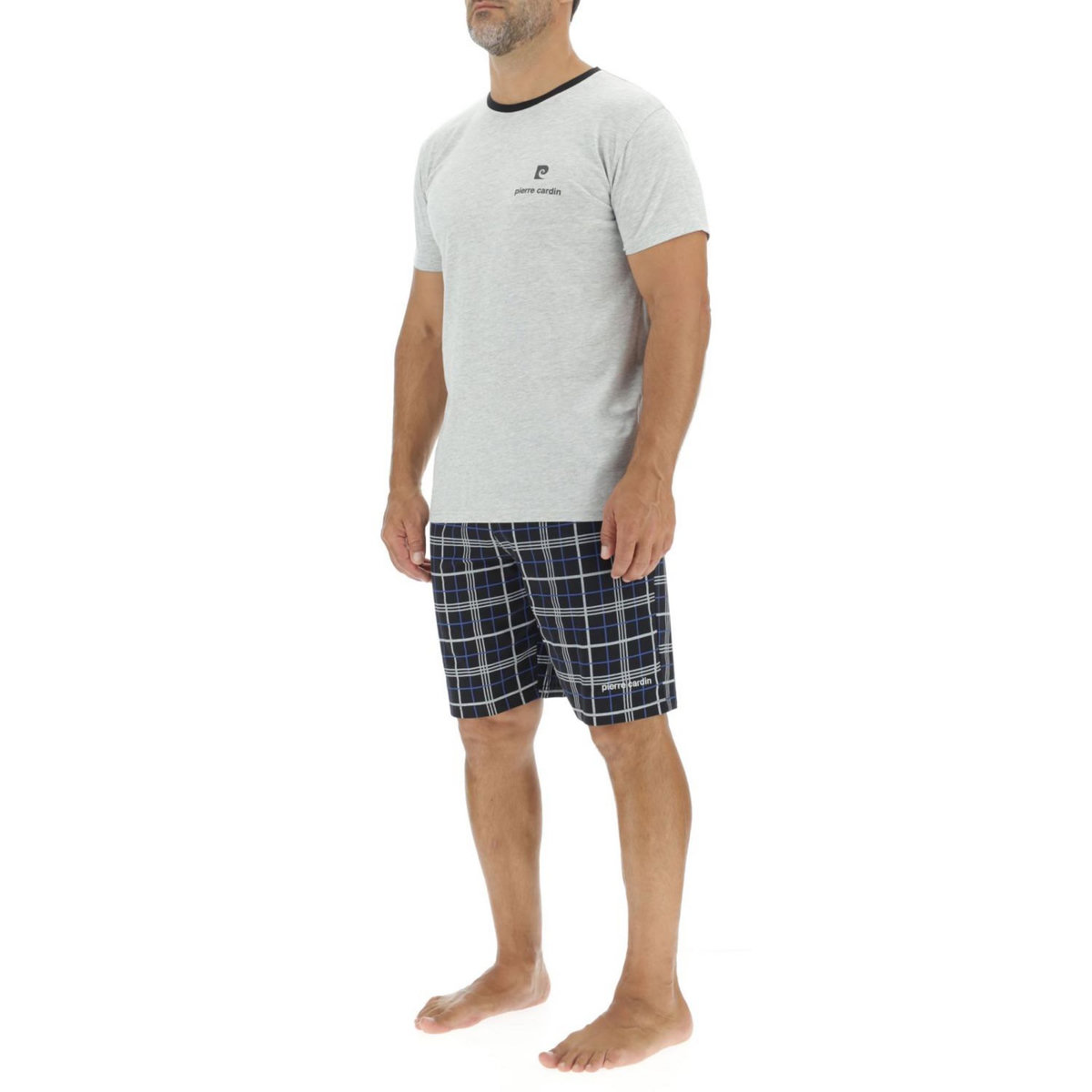 PIERRE CARDIN Ensemble Pyjama court homme en coton à carreaux et Logo poitrine